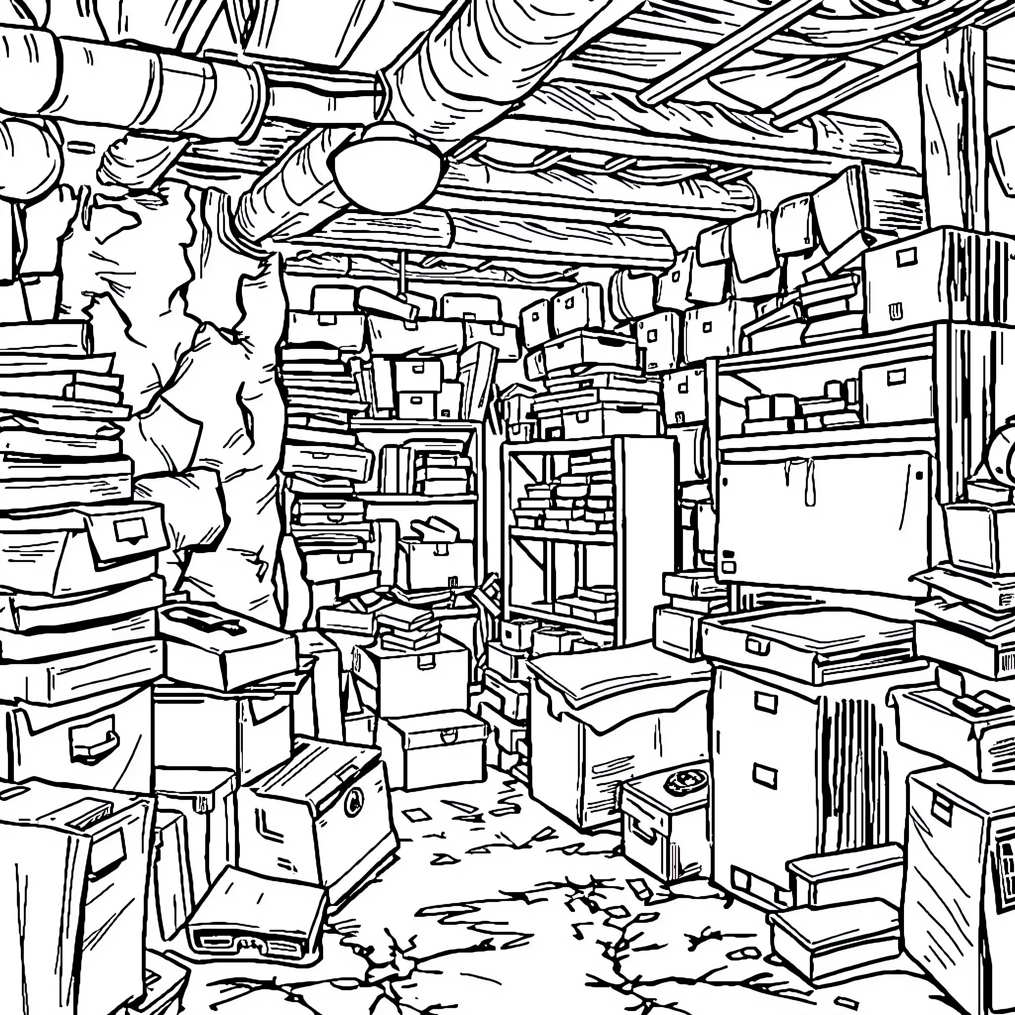 Basement Filled with Cluttered Boxes and Supplies Coloring Page (free black-and-white line drawing printable PDF for all, from beginners to advanced learners, including children, teens, adults, and seniors)