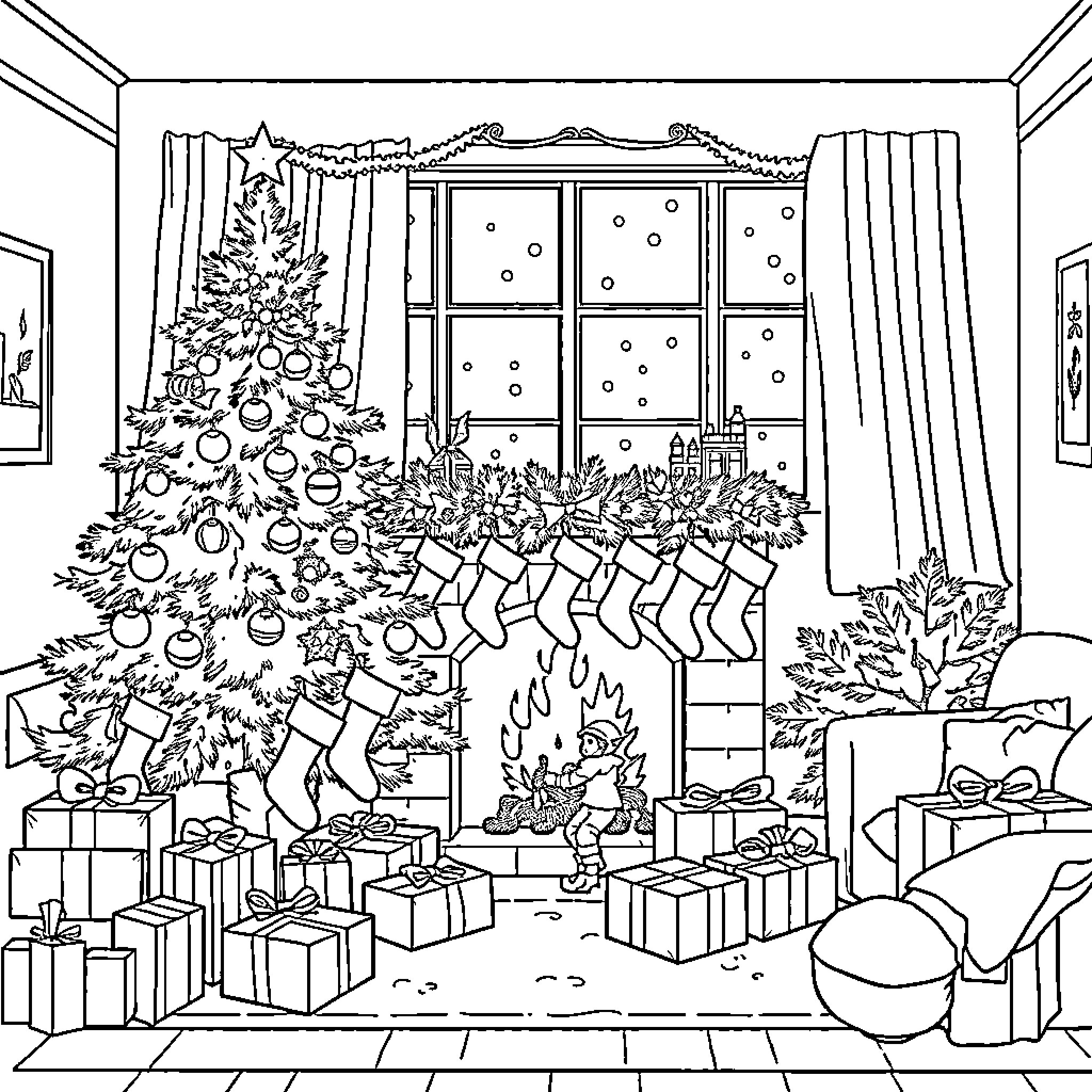 Christmas home decorated with tree, stockings, and presents Coloring Page (free black-and-white line drawing printable PDF for all, from beginners to advanced learners, including children, teens, adults, and seniors)