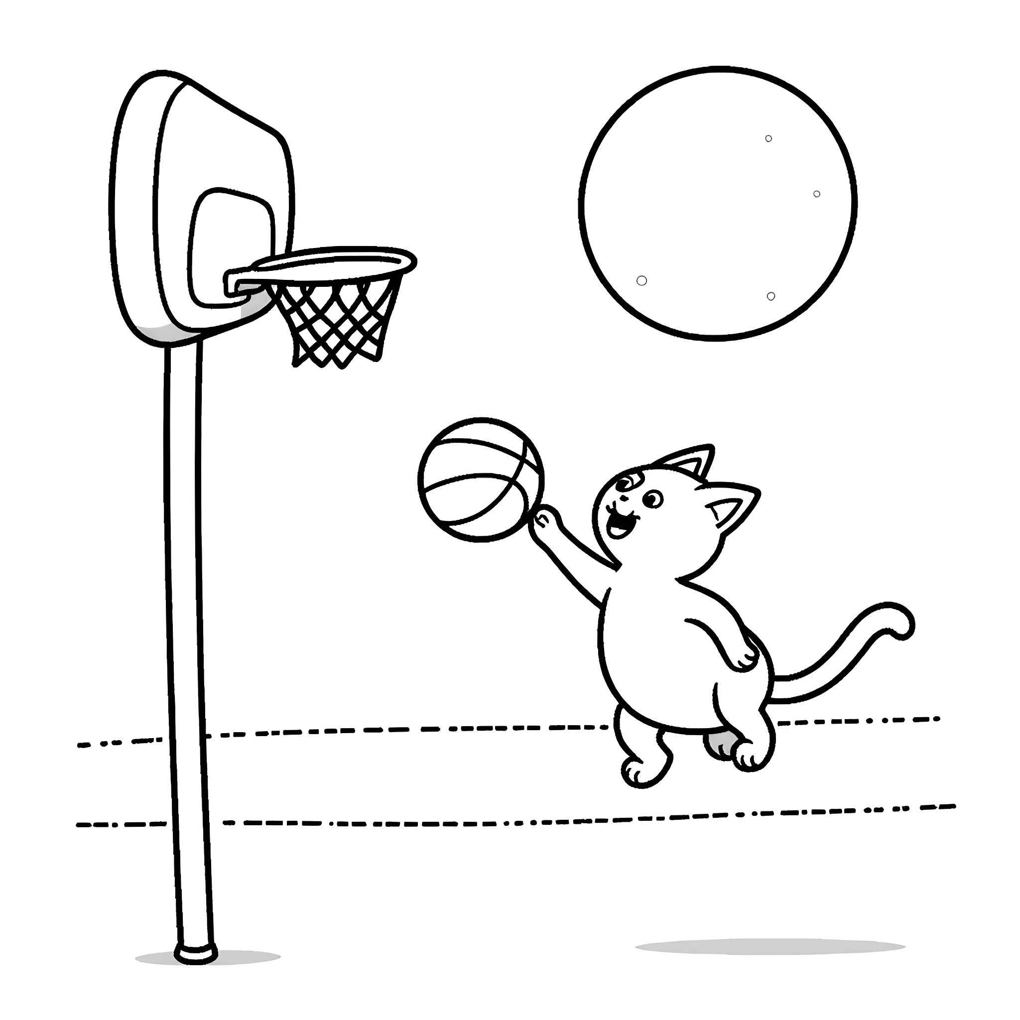 Cat playing basketball near the hoop Coloring Page (free black-and-white line drawing printable PDF for all, from beginners to advanced learners, including children, teens, adults, and seniors)