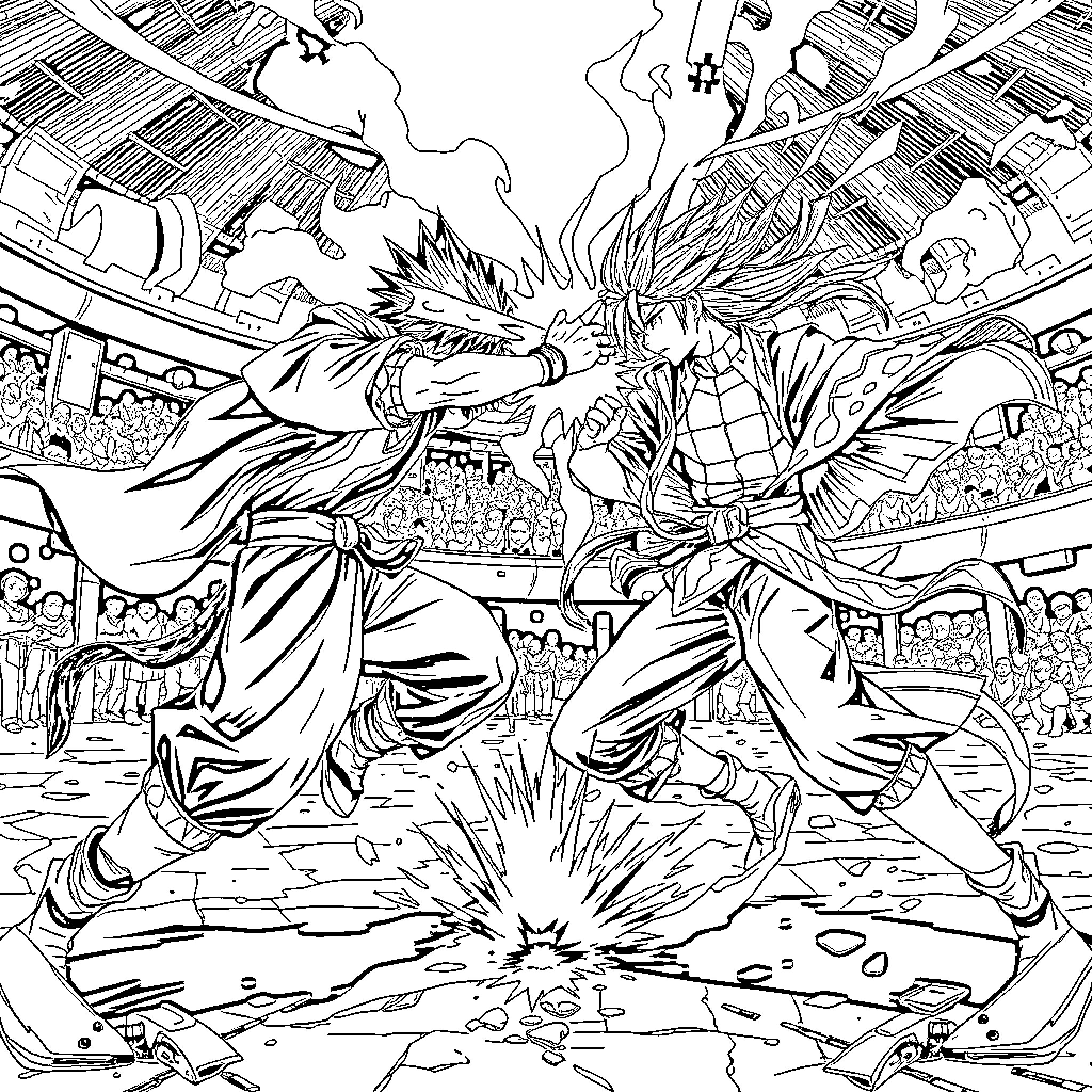 Yuta's epic battle with a powerful foe Coloring Page (free black-and-white line drawing printable PDF for all, from beginners to advanced learners, including children, teens, adults, and seniors)