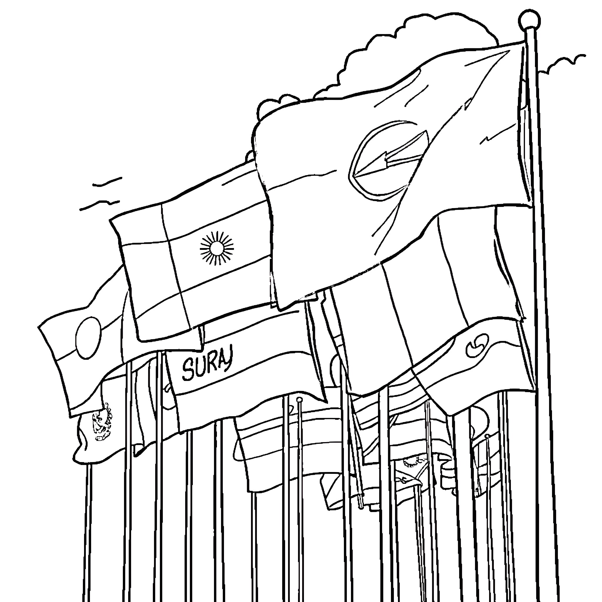 Flag Protest with Banners and Flags Coloring Page (free black-and-white line drawing printable PDF for all, from beginners to advanced learners, including children, teens, adults, and seniors)