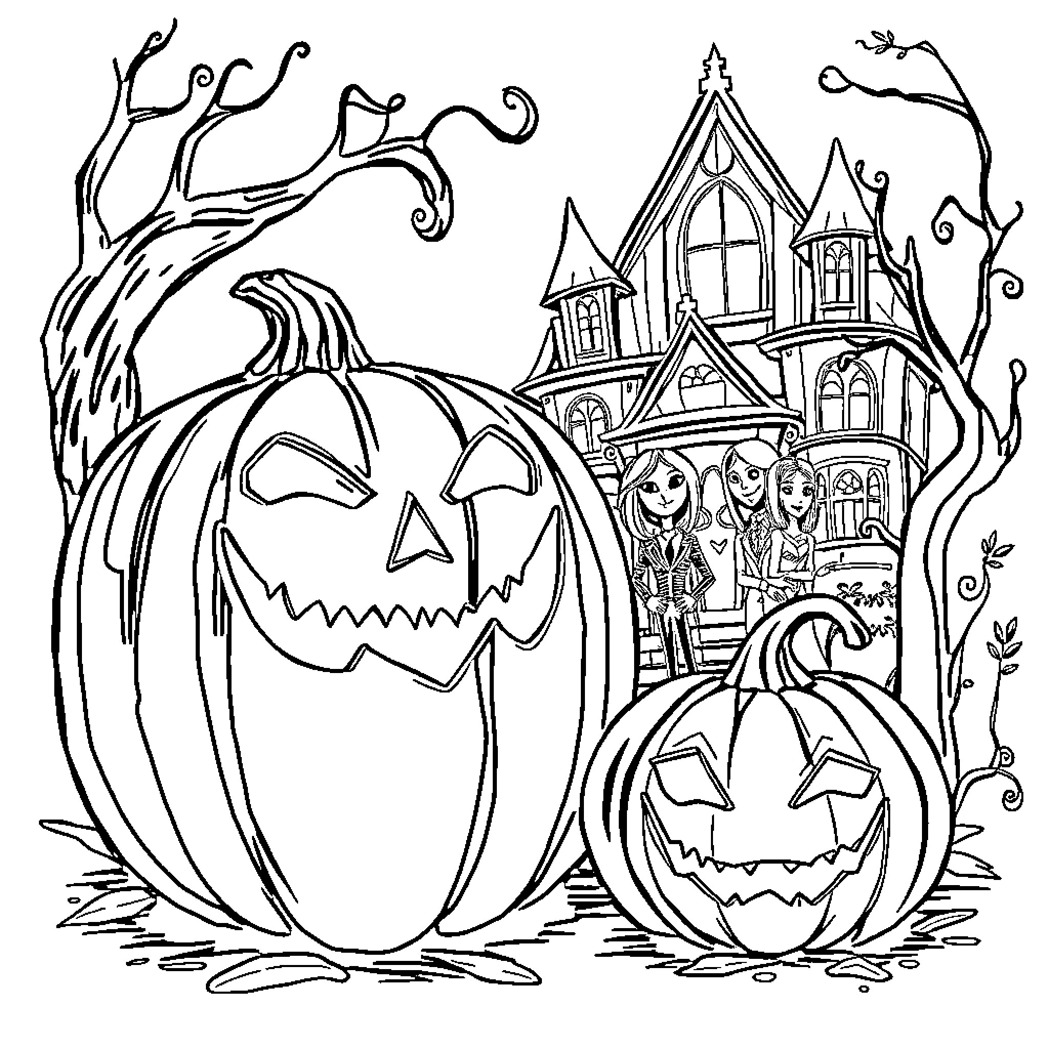 Jack-o'-lanterns in a spooky Halloween scene Coloring Page (free black-and-white line drawing printable PDF for all, from beginners to advanced learners, including children, teens, adults, and seniors)