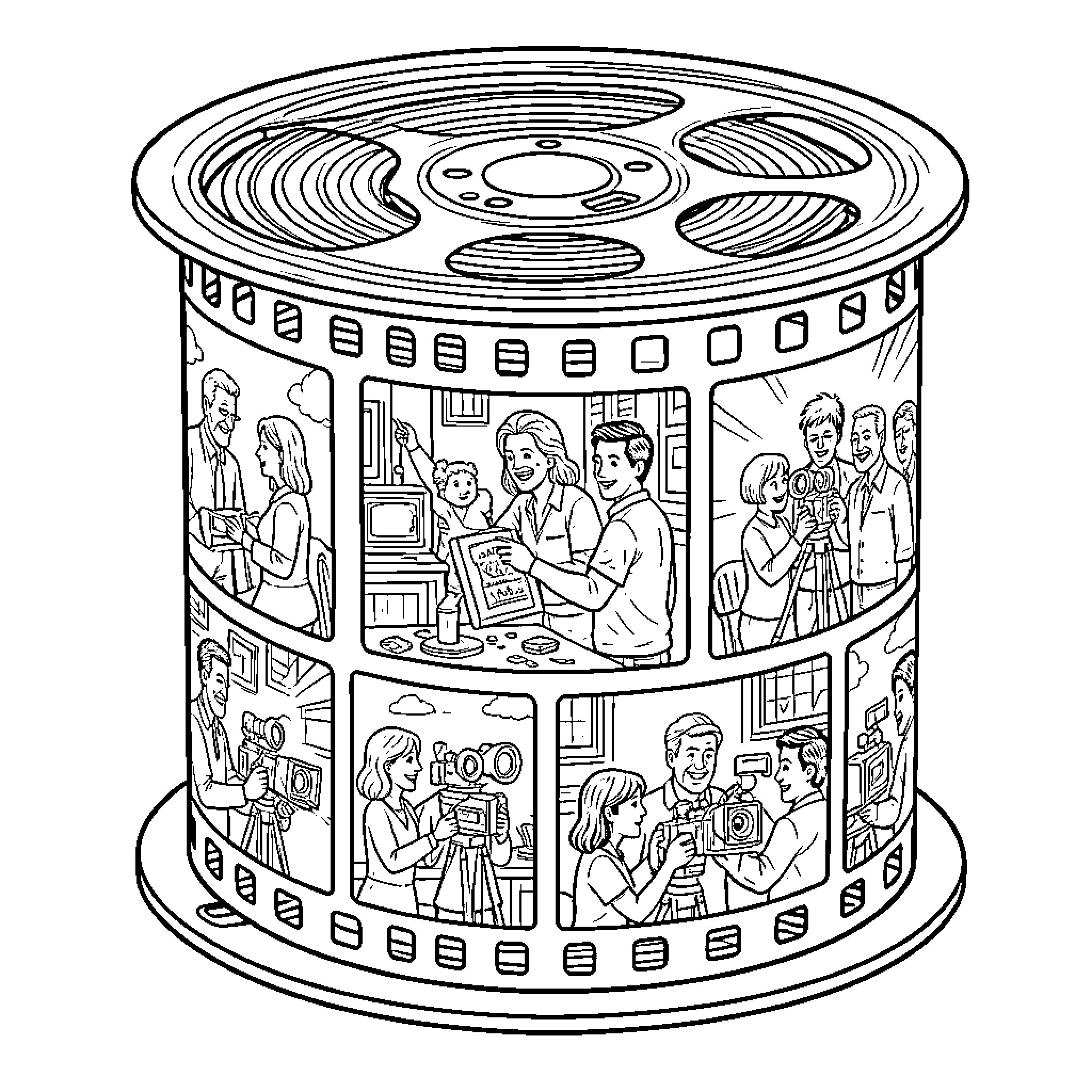 Film Reel Depicting Movie Production and Entertainment Coloring Page (free black-and-white line drawing printable PDF for all, from beginners to advanced learners, including children, teens, adults, and seniors)