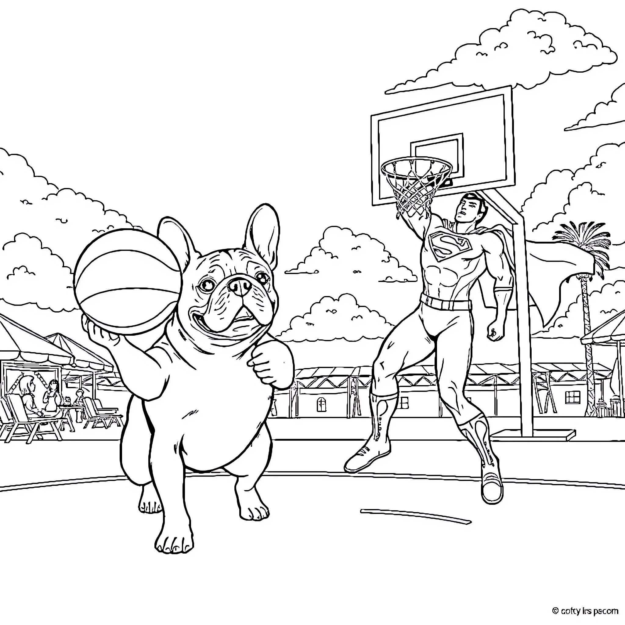 French Bulldog playing with superhero on basketball court Coloring Page (free black-and-white line drawing printable PDF for all, from beginners to advanced learners, including children, teens, adults, and seniors)
