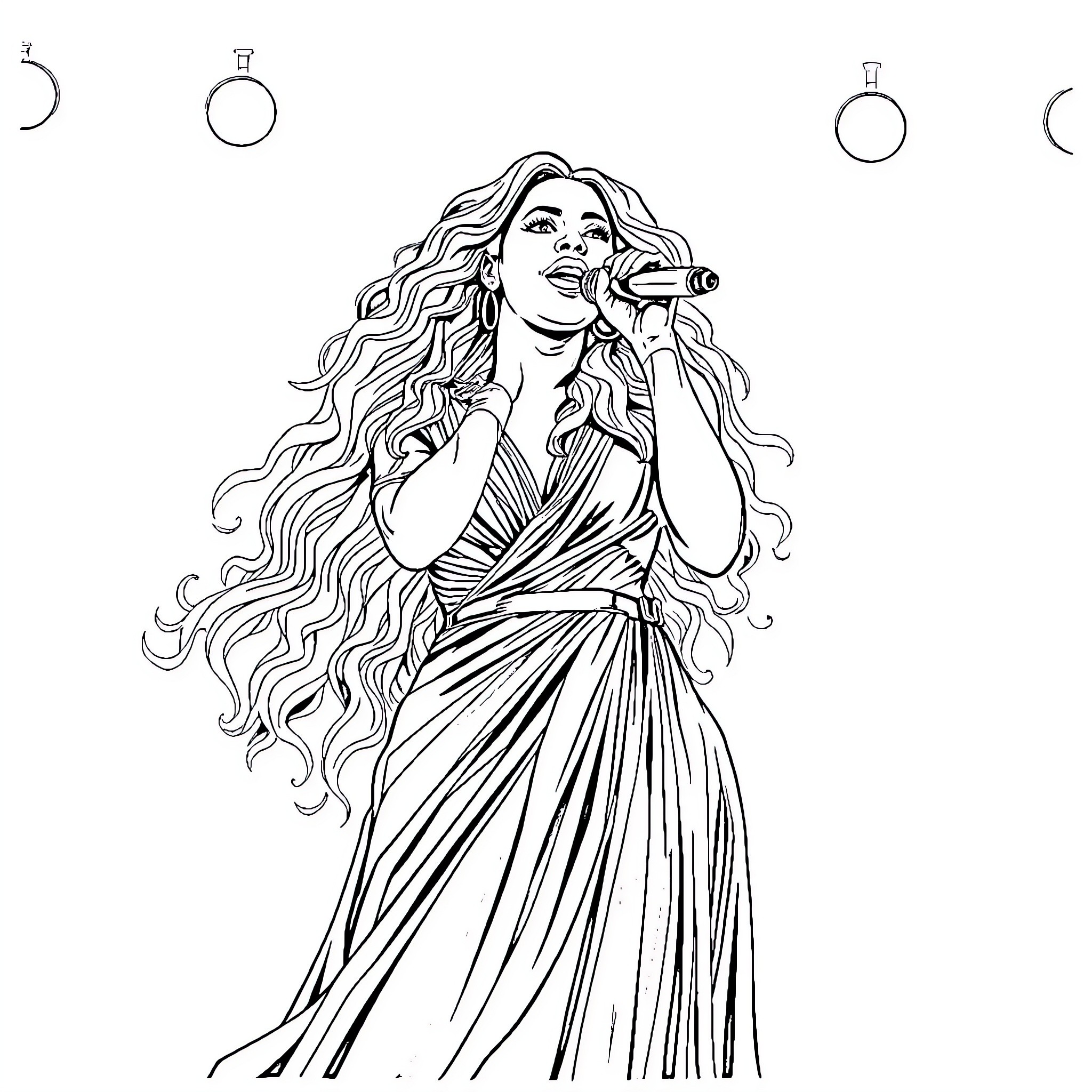 Beyonce performing on stage with flowing dress and vocals Coloring Page (free black-and-white line drawing printable PDF for all, from beginners to advanced learners, including children, teens, adults, and seniors)