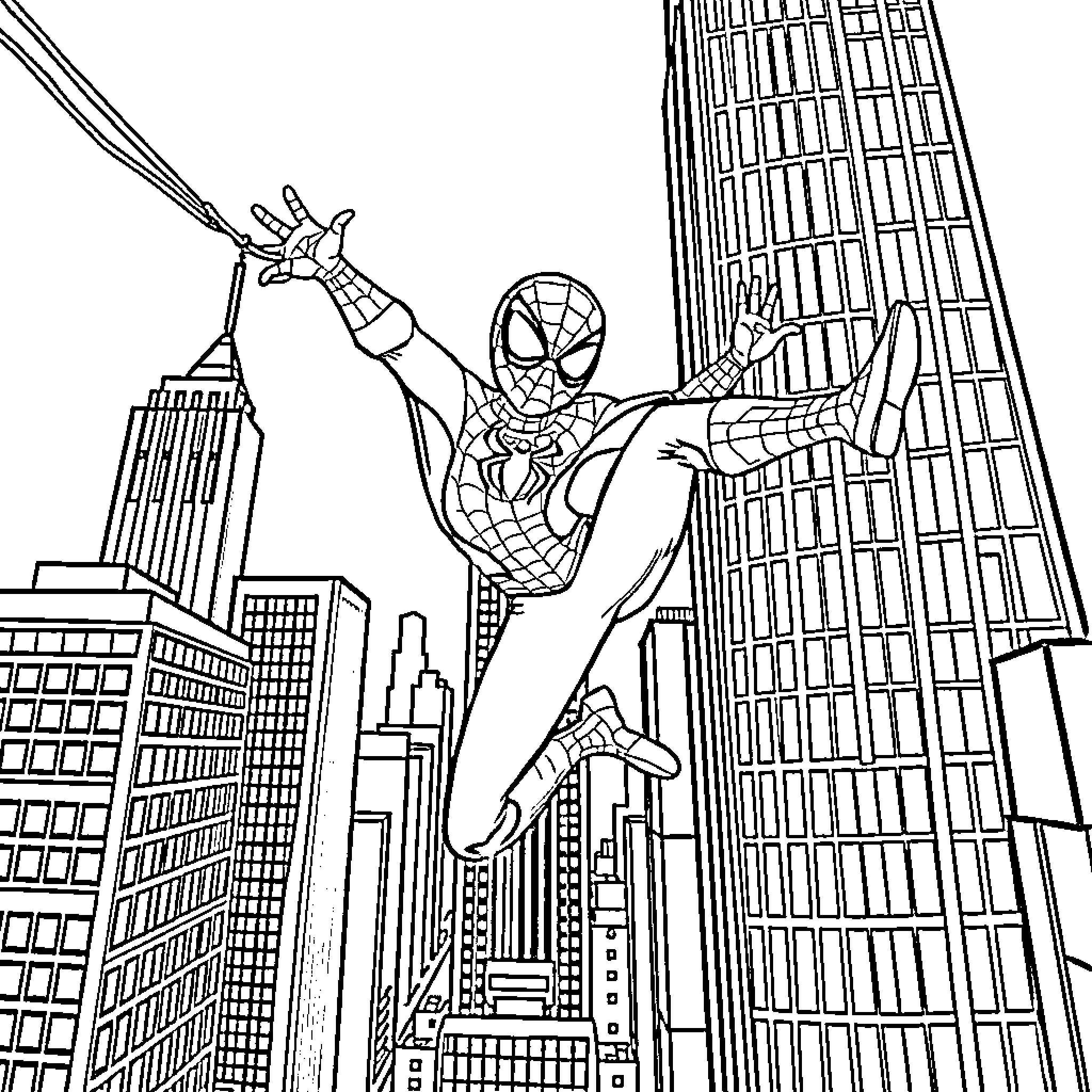 Spider-Man swinging through the city skyline Coloring Page (free black-and-white line drawing printable PDF for all, from beginners to advanced learners, including children, teens, adults, and seniors)