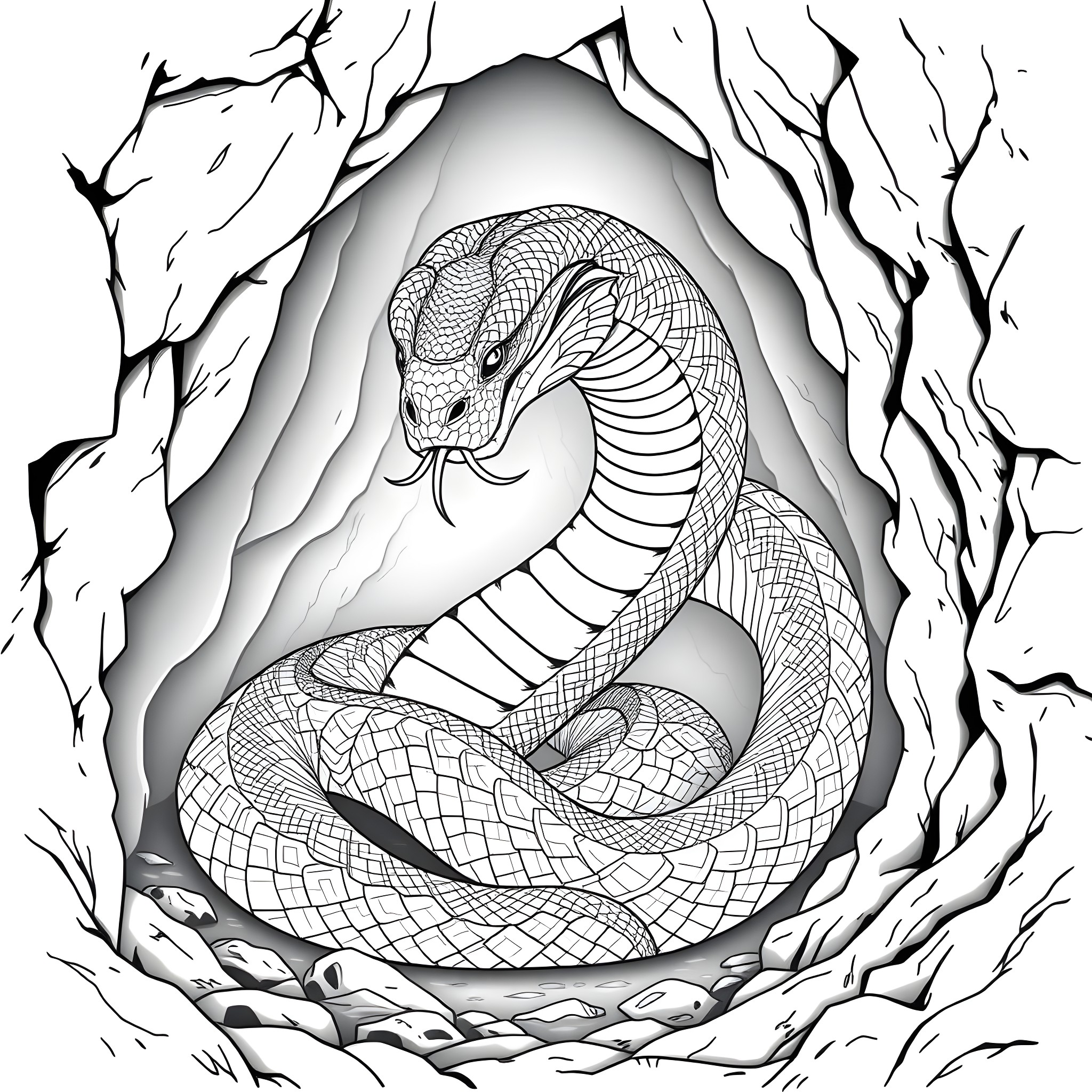 Uktena Serpent's Lair Coloring Page (free black-and-white line drawing printable PDF for all, from beginners to advanced learners, including children, teens, adults, and seniors)