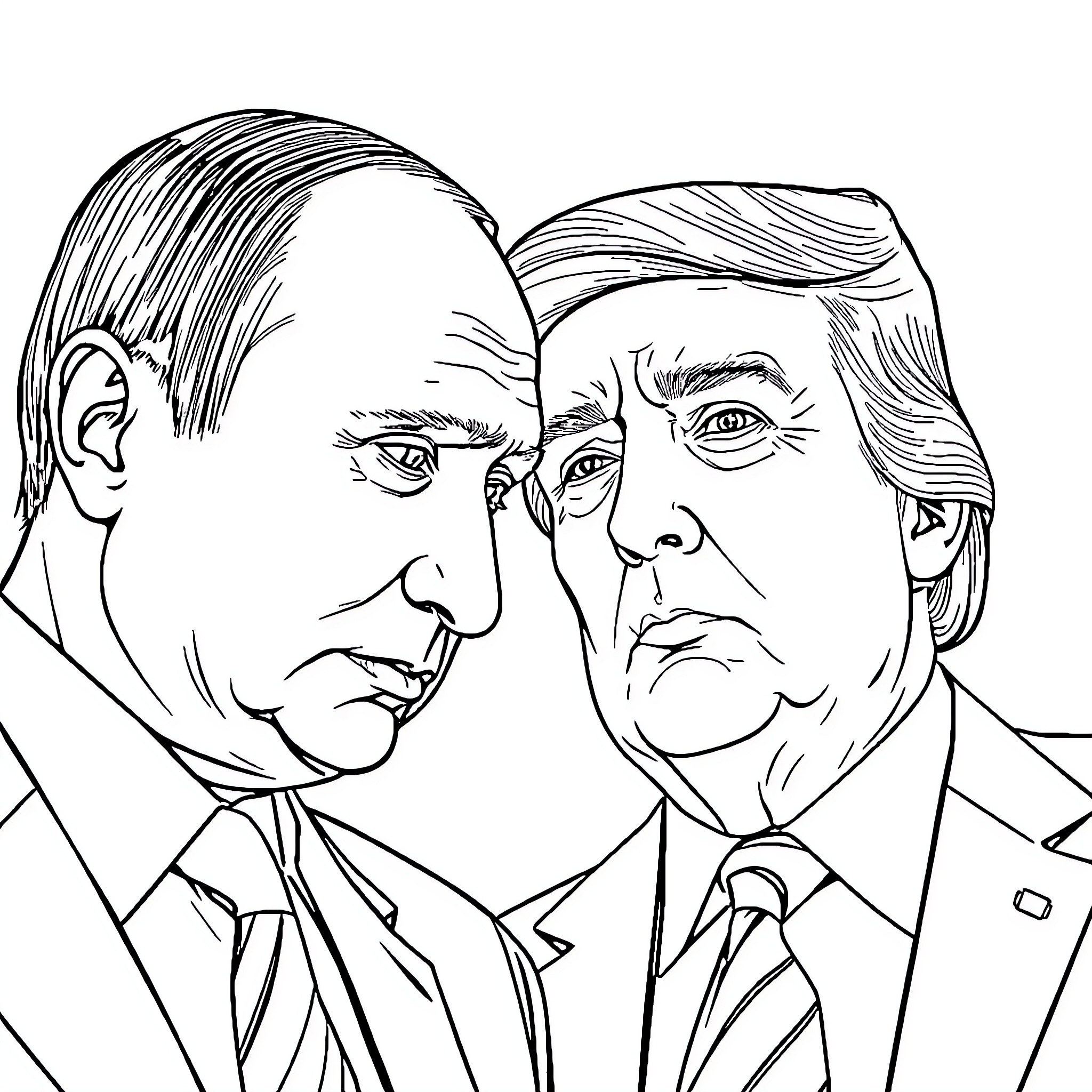 Putin and Trump in formal attire with serious expressions Coloring Page (free black-and-white line drawing printable PDF for all, from beginners to advanced learners, including children, teens, adults, and seniors)