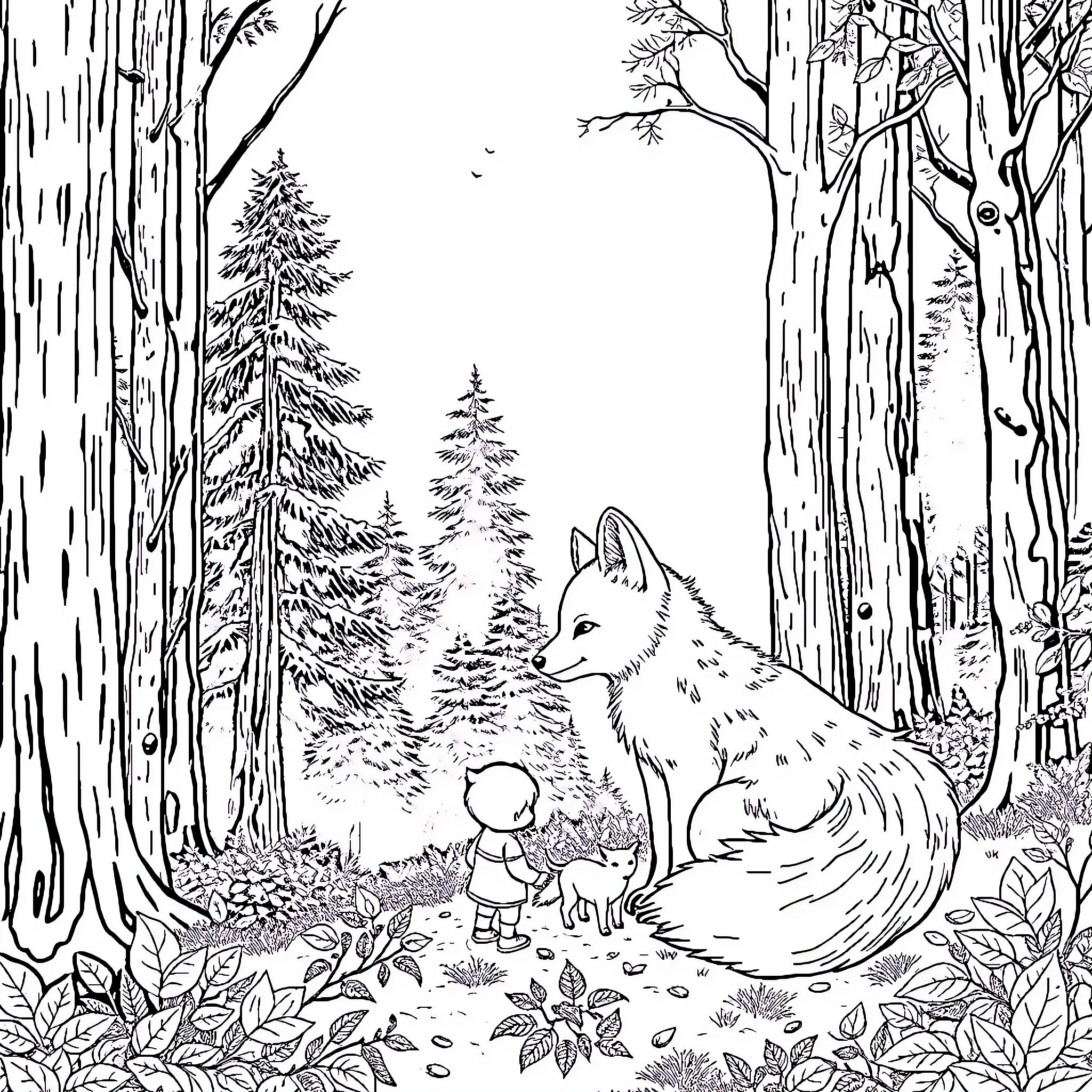 Fox and child in the enchanted forest Coloring Page (free black-and-white line drawing printable PDF for all, from beginners to advanced learners, including children, teens, adults, and seniors)