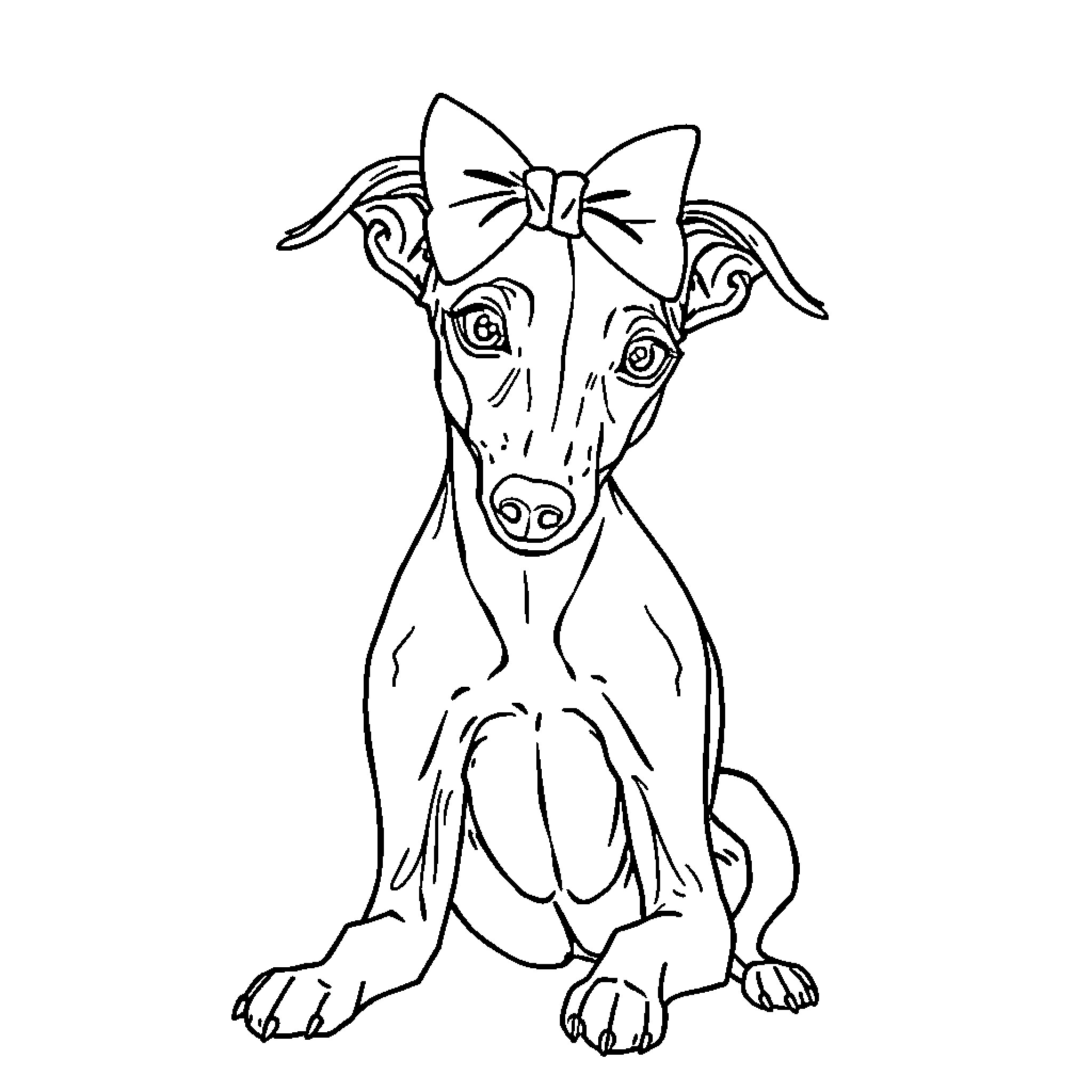Italian Greyhound wearing a bow tie in a portrait Coloring Page (free black-and-white line drawing printable PDF for all, from beginners to advanced learners, including children, teens, adults, and seniors)