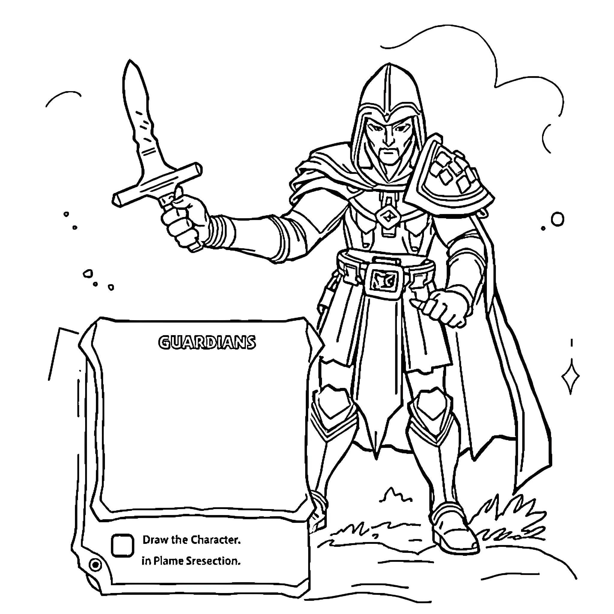 Game Character in Heroic Warrior Pose with Sword Coloring Page (free black-and-white line drawing printable PDF for all, from beginners to advanced learners, including children, teens, adults, and seniors)