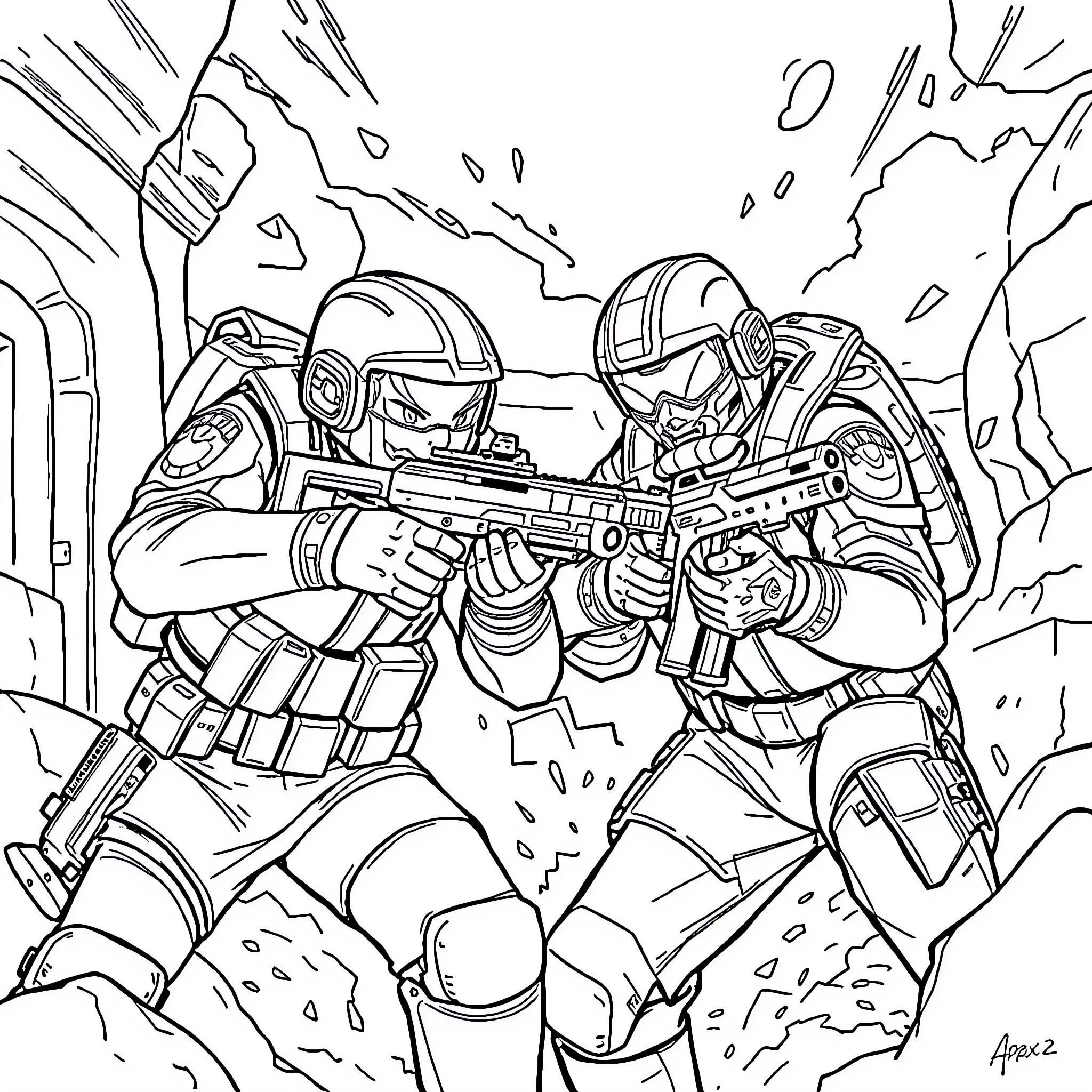 Apex Soldiers Engaging in Intense Combat Coloring Page (free black-and-white line drawing printable PDF for all, from beginners to advanced learners, including children, teens, adults, and seniors)