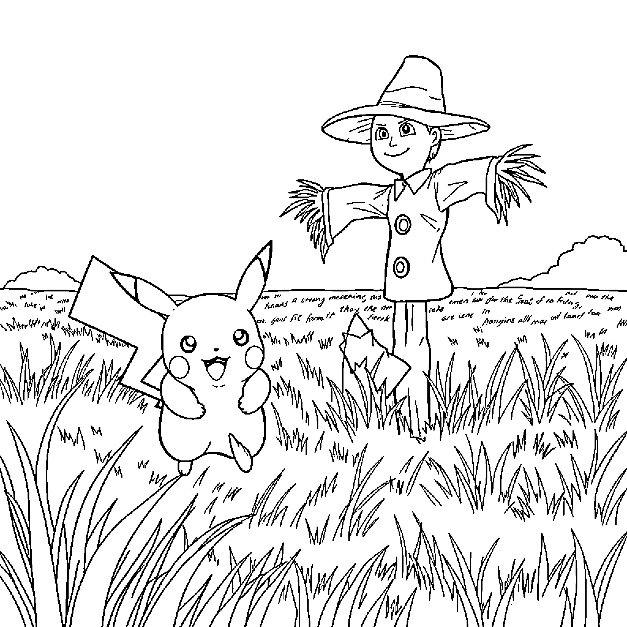 Pikachu enjoying a friendly encounter with a farmer Coloring Page (free black-and-white line drawing printable PDF for all, from beginners to advanced learners, including children, teens, adults, and seniors)