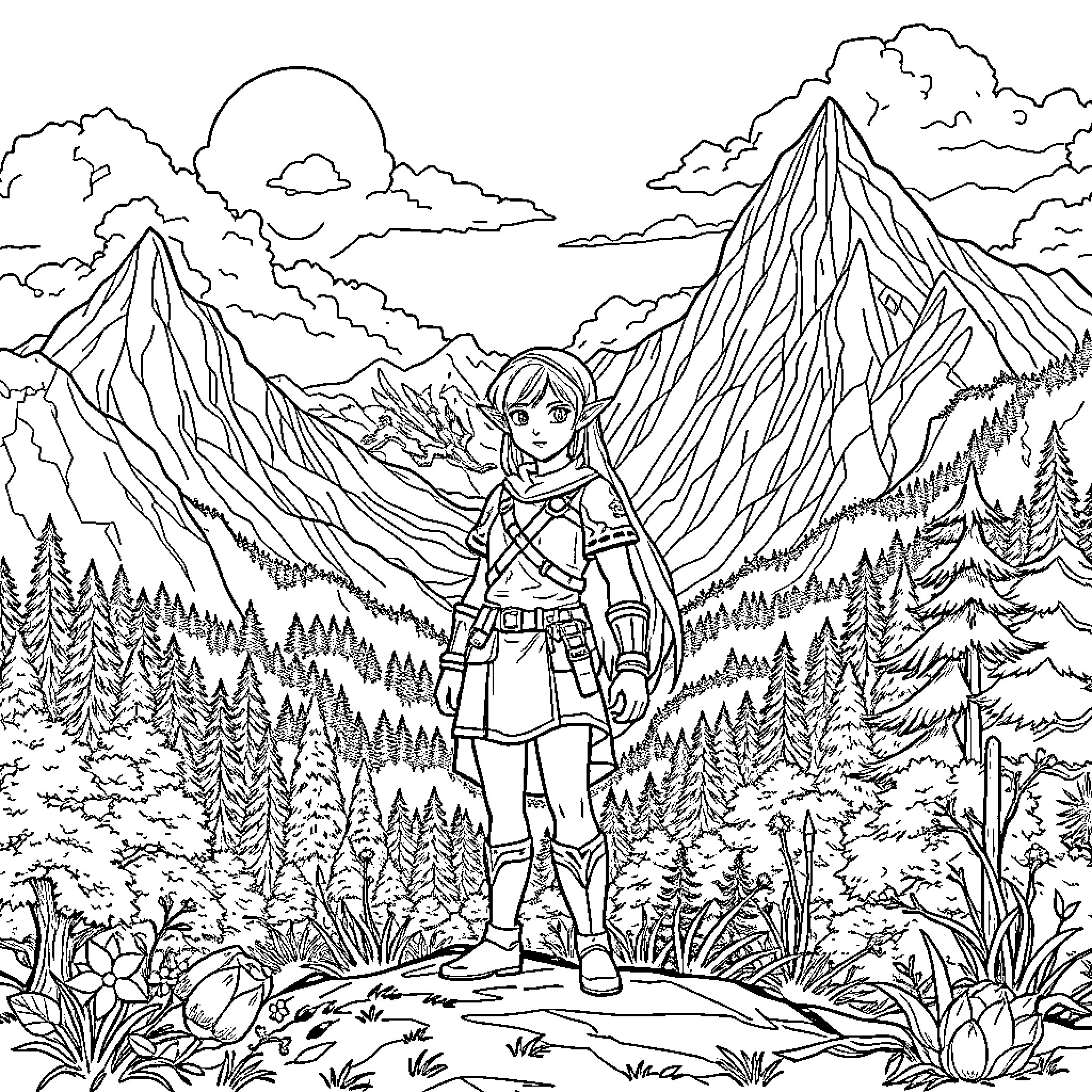 Zelda adventuring in the enchanting mountain landscape Coloring Page (free black-and-white line drawing printable PDF for all, from beginners to advanced learners, including children, teens, adults, and seniors)