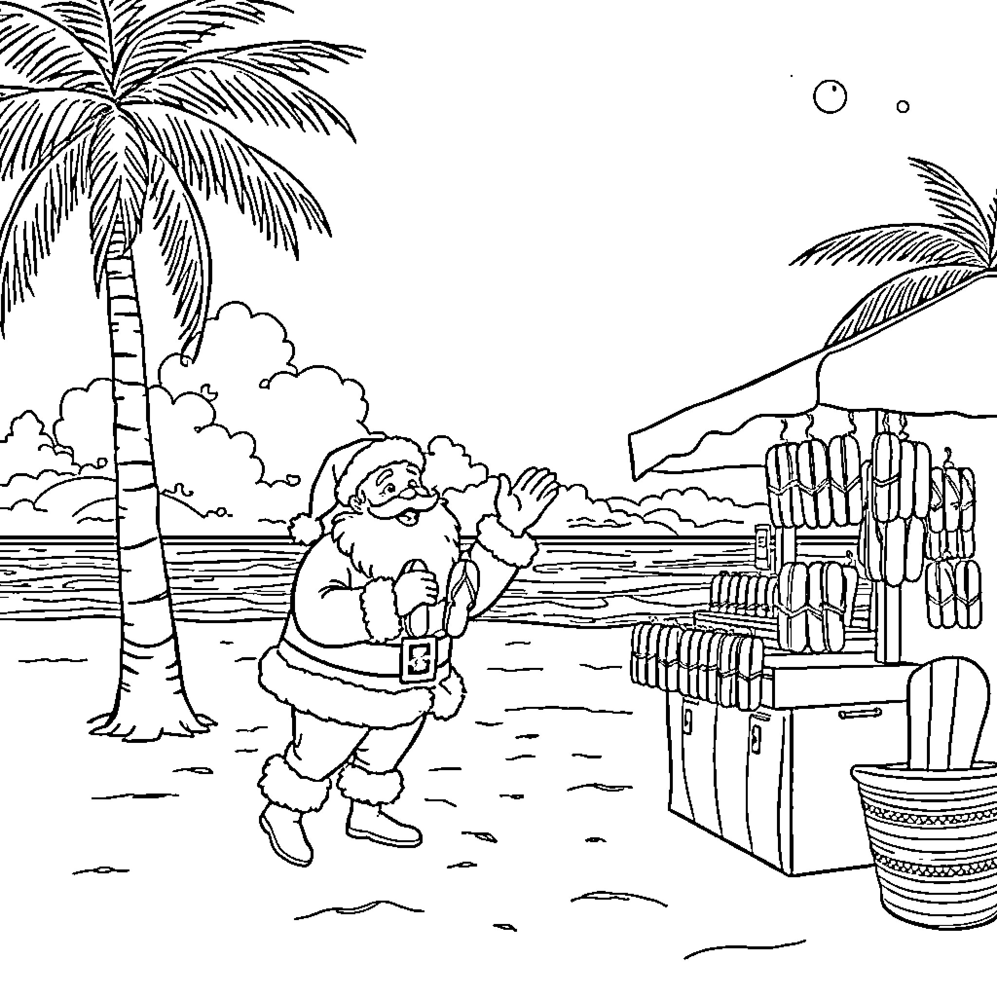 Santa Enjoying a Tropical Beach Vacation Coloring Page (free black-and-white line drawing printable PDF for all, from beginners to advanced learners, including children, teens, adults, and seniors)