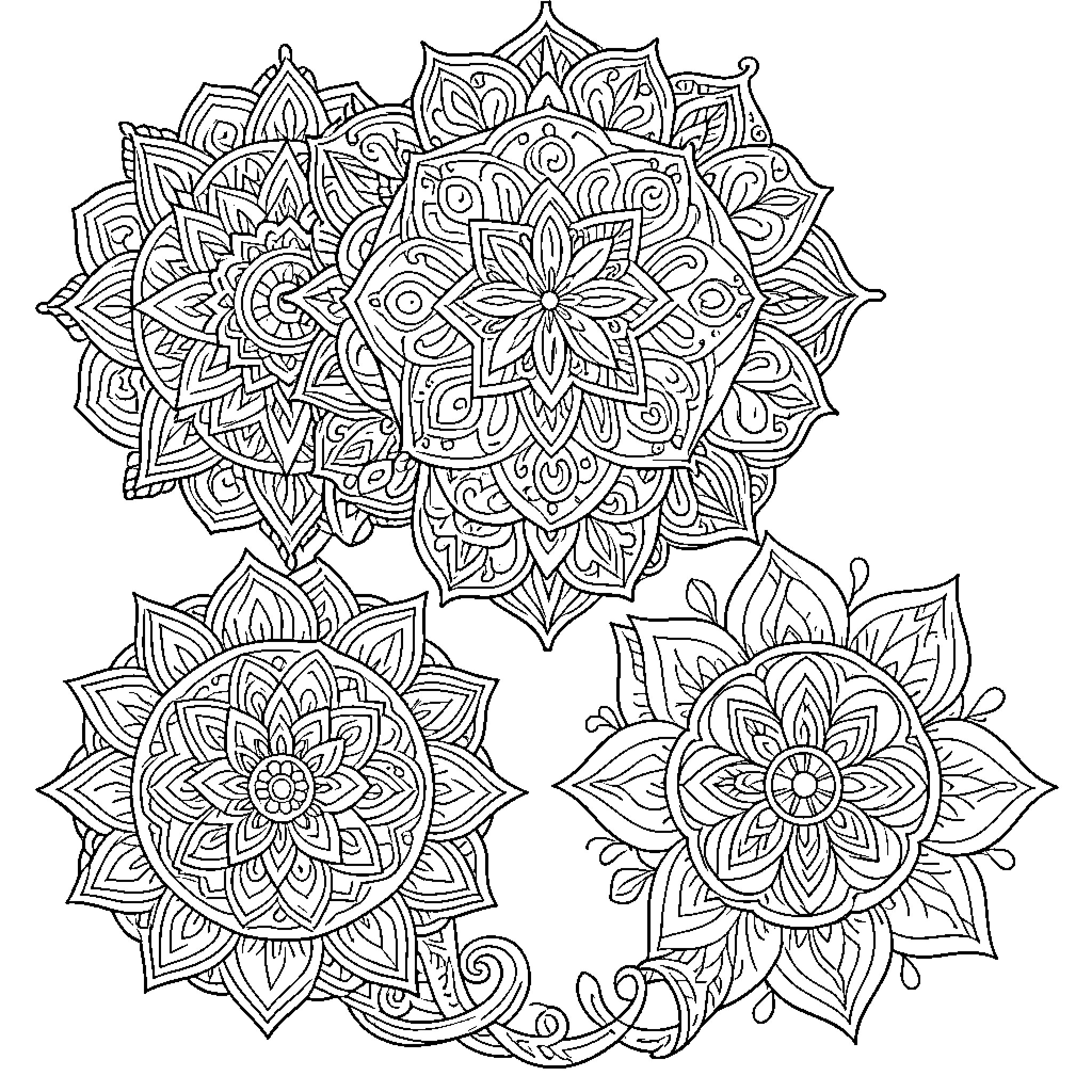 Mandalas with intricate floral patterns Coloring Page (free black-and-white line drawing printable PDF for all, from beginners to advanced learners, including children, teens, adults, and seniors)