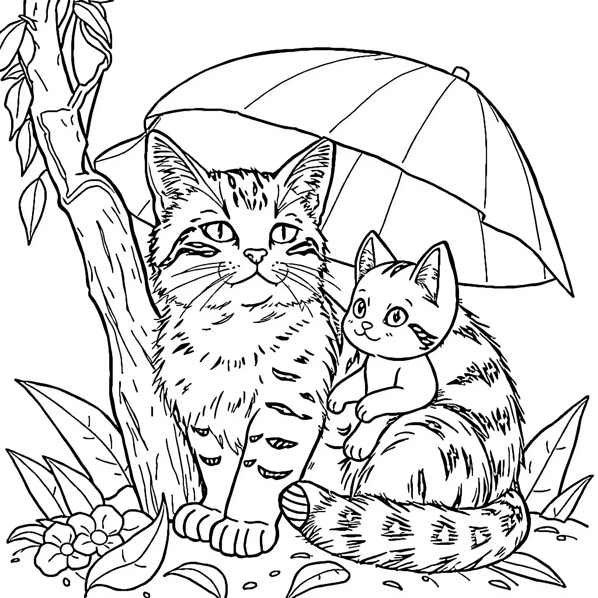 Cats sheltering under umbrella in nature Coloring Page (free black-and-white line drawing printable PDF for all, from beginners to advanced learners, including children, teens, adults, and seniors)