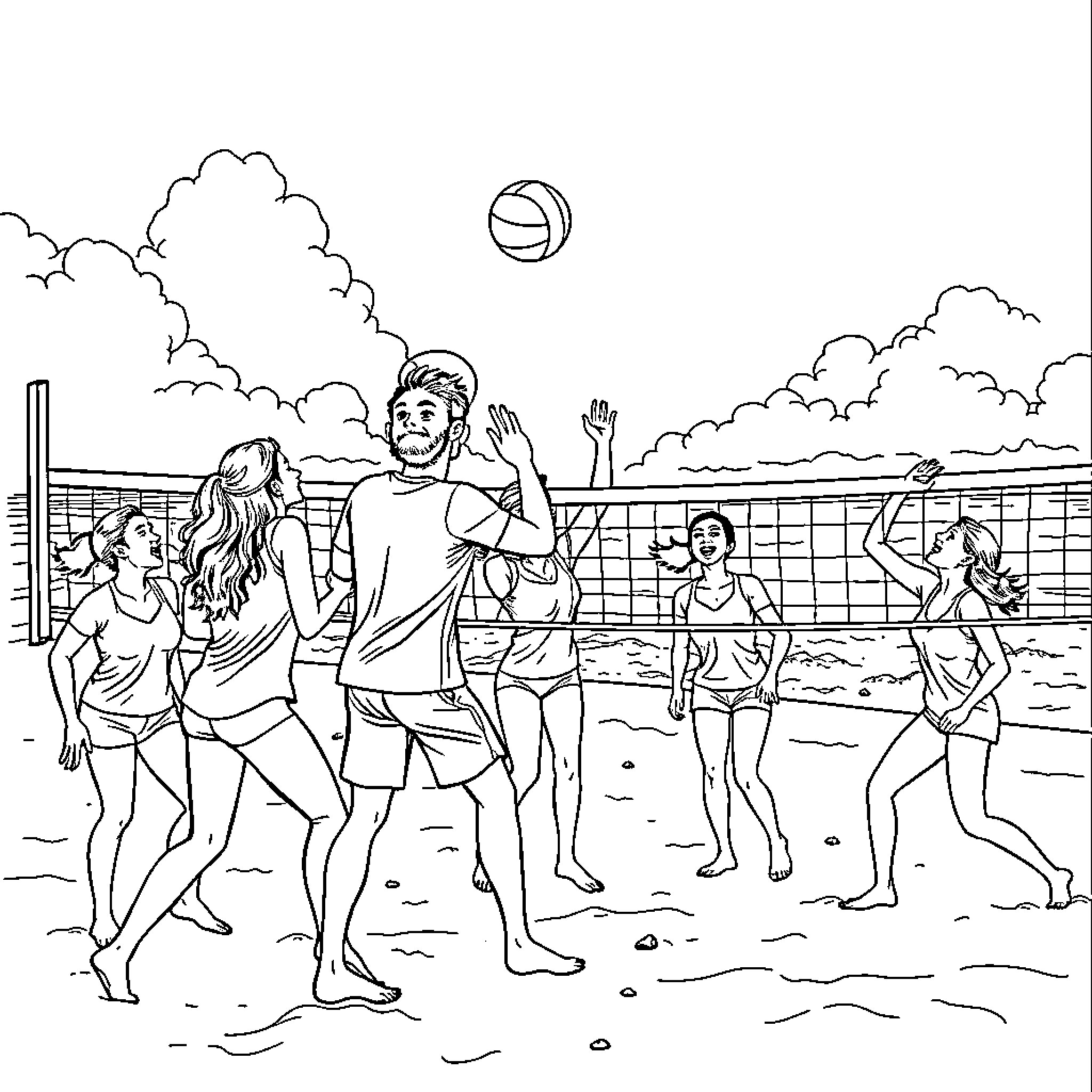 Dental Beach Volleyball Competition Coloring Page (free black-and-white line drawing printable PDF for all, from beginners to advanced learners, including children, teens, adults, and seniors)