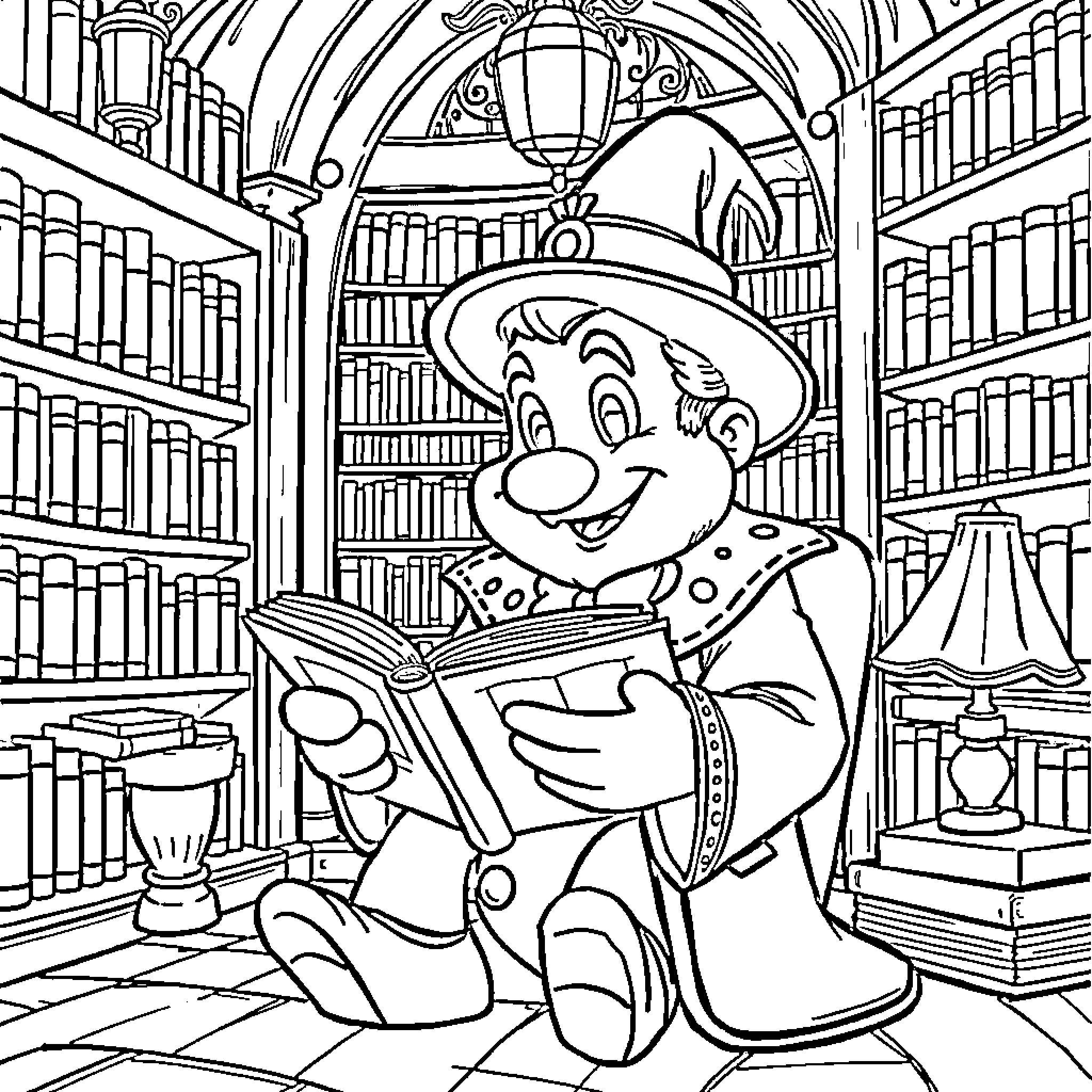 Count the Curious Character in the Library Coloring Page (free black-and-white line drawing printable PDF for all, from beginners to advanced learners, including children, teens, adults, and seniors)