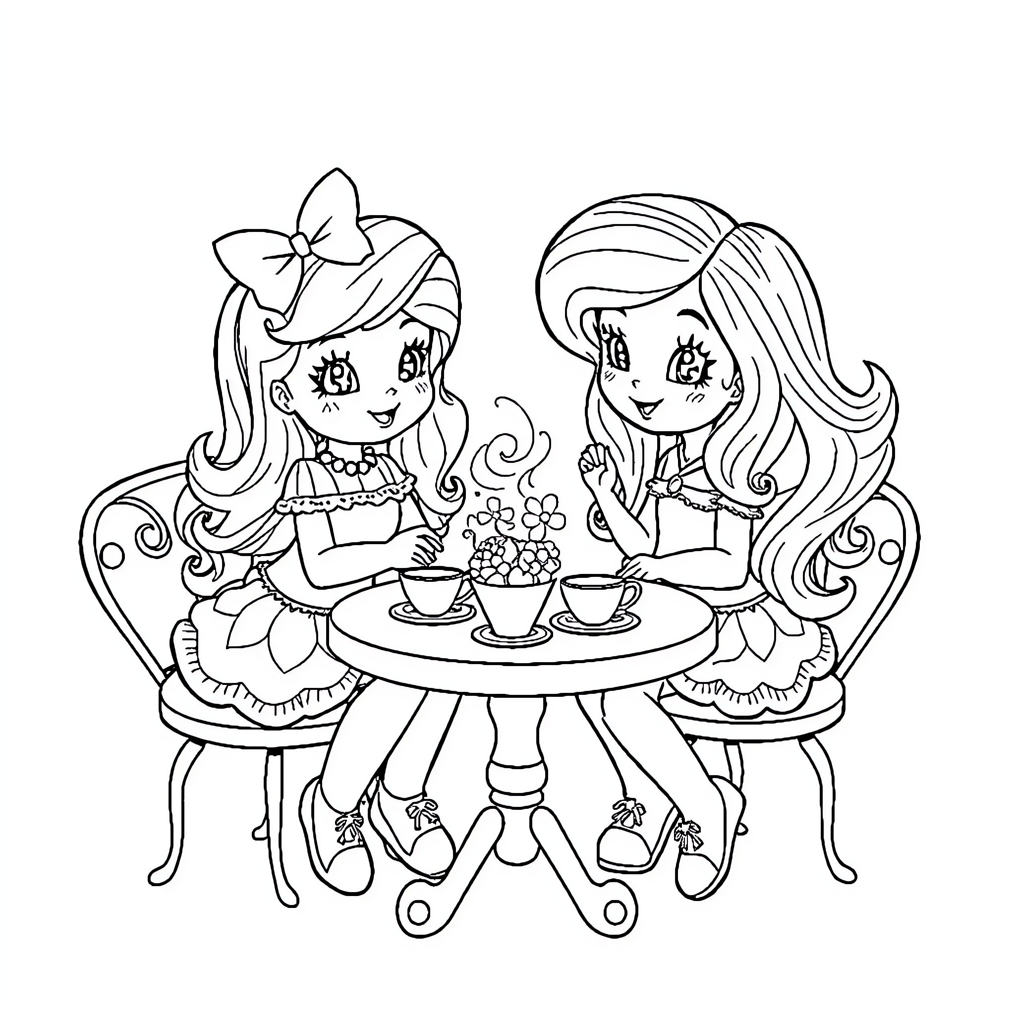 Strawberry Shortcake girls having a tea party Coloring Page (free black-and-white line drawing printable PDF for all, from beginners to advanced learners, including children, teens, adults, and seniors)