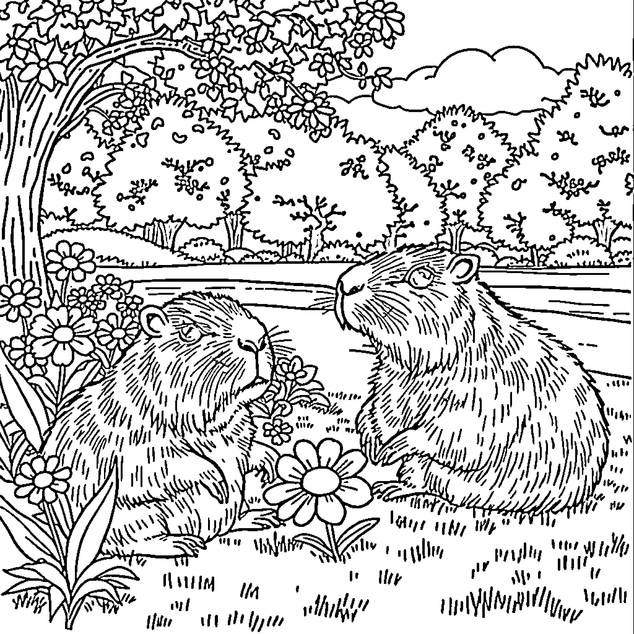 Capybara enjoying the serene natural surroundings Coloring Page (free black-and-white line drawing printable PDF for all, from beginners to advanced learners, including children, teens, adults, and seniors)