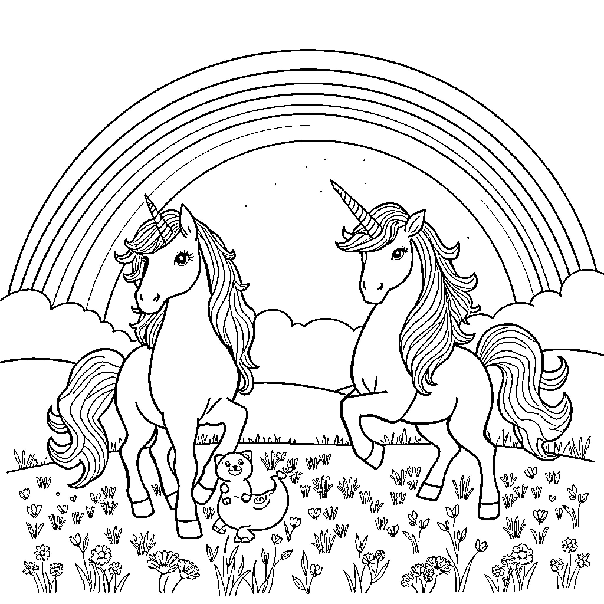 Unicorn duo frolicking in a magical meadow Coloring Page (free black-and-white line drawing printable PDF for all, from beginners to advanced learners, including children, teens, adults, and seniors)