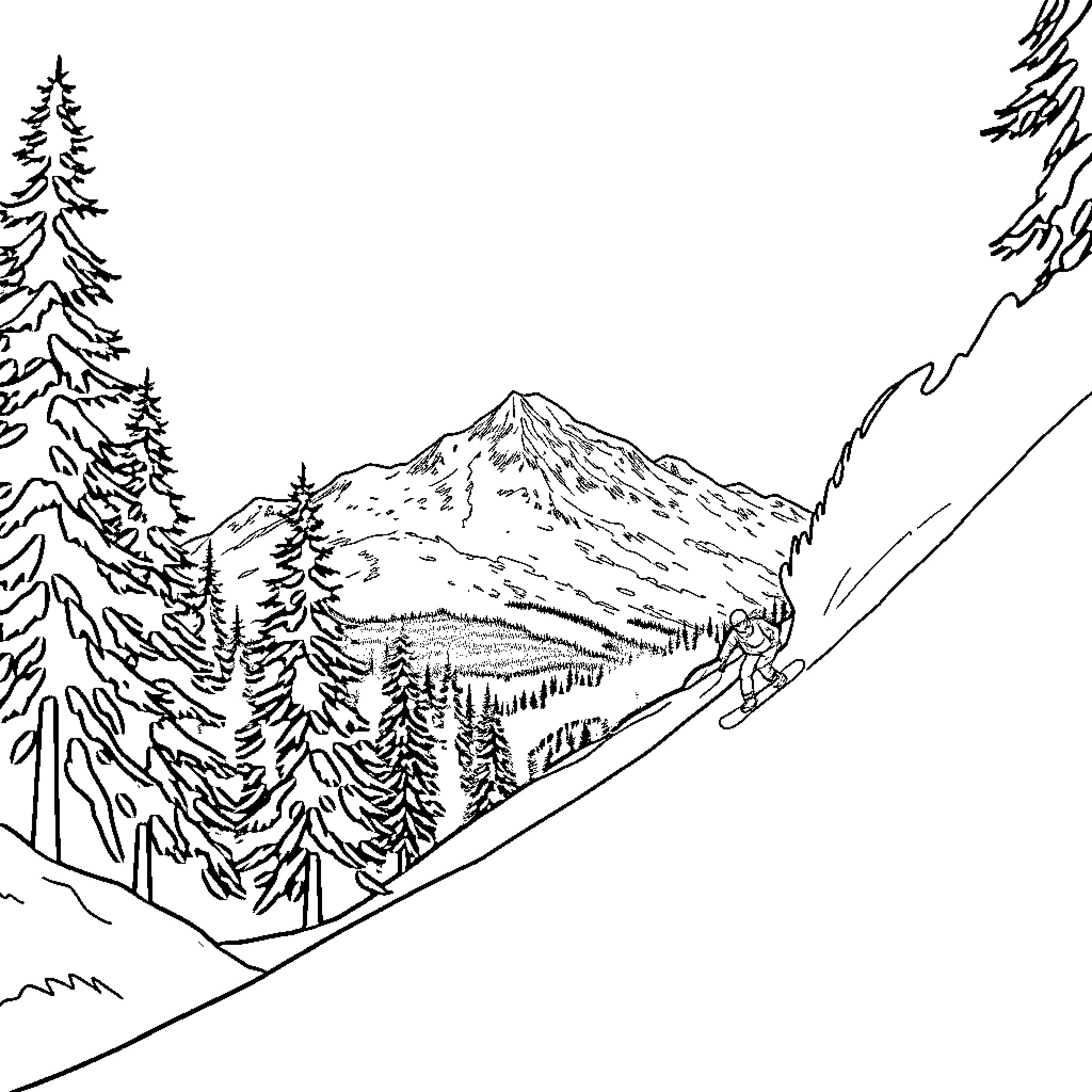 Snowboarder gliding down snowy mountain slopes Coloring Page (free black-and-white line drawing printable PDF for all, from beginners to advanced learners, including children, teens, adults, and seniors)
