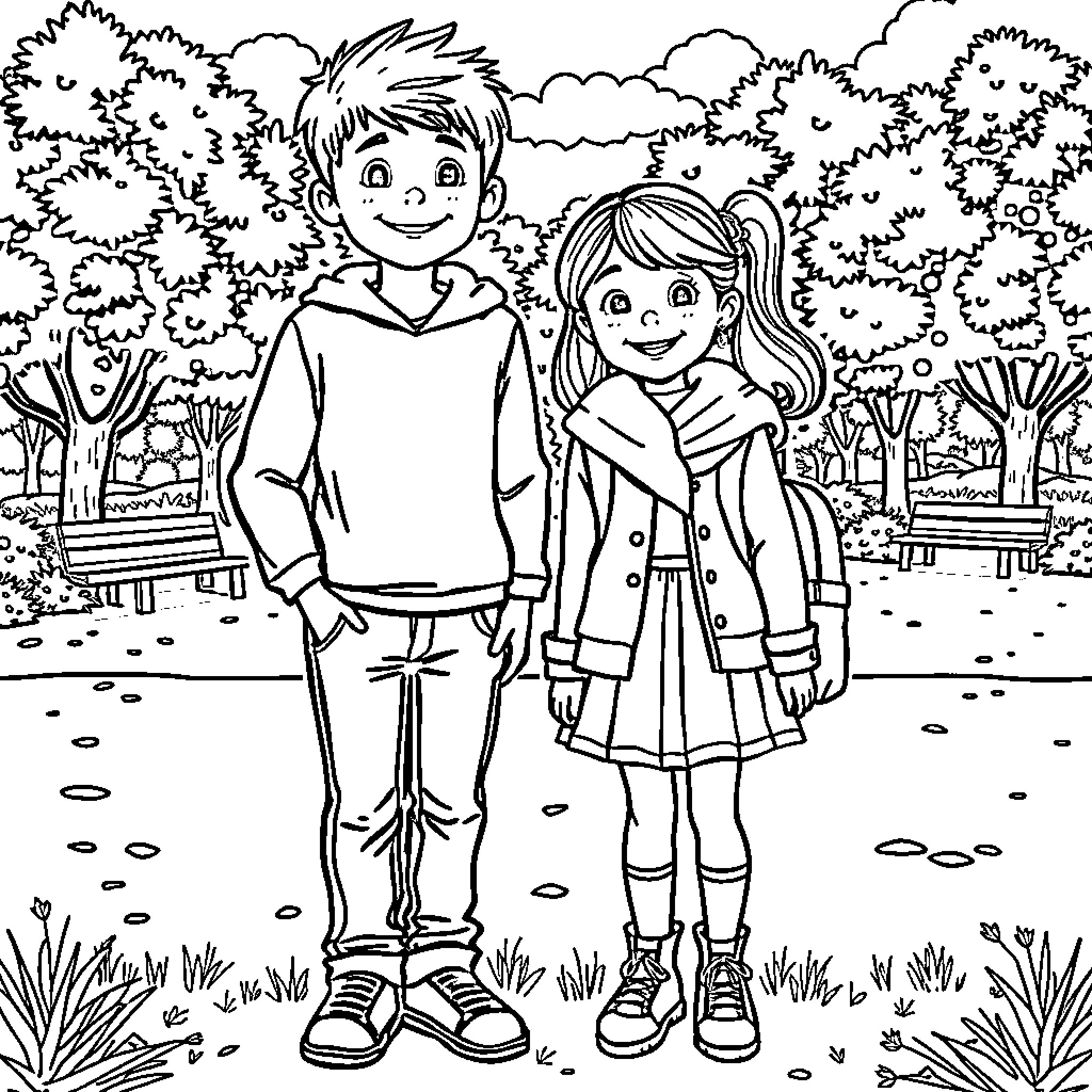 Caleb and Lily explore the park together Coloring Page (free black-and-white line drawing printable PDF for all, from beginners to advanced learners, including children, teens, adults, and seniors)