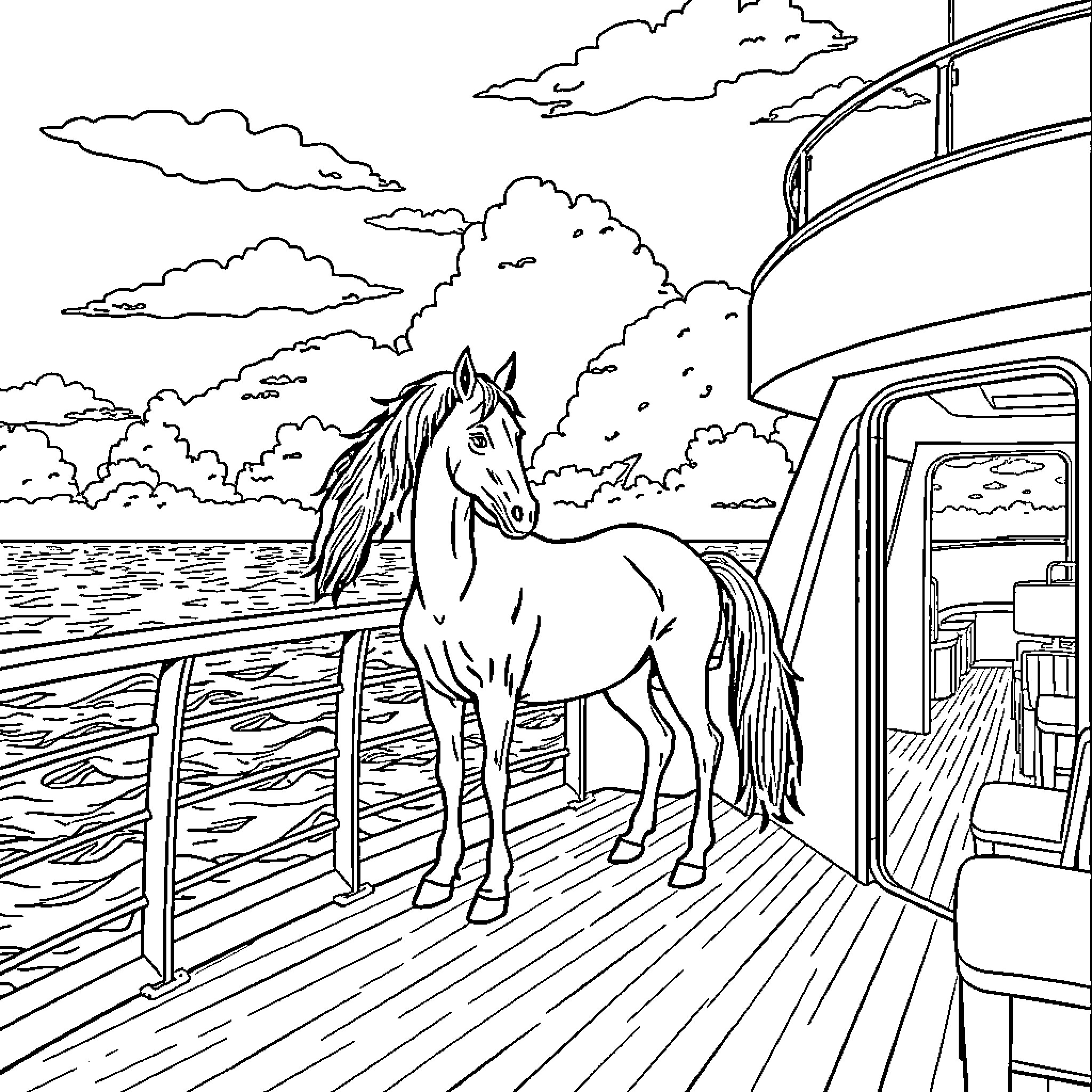 Horse standing calmly on the deck of a boat Coloring Page (free black-and-white line drawing printable PDF for all, from beginners to advanced learners, including children, teens, adults, and seniors)