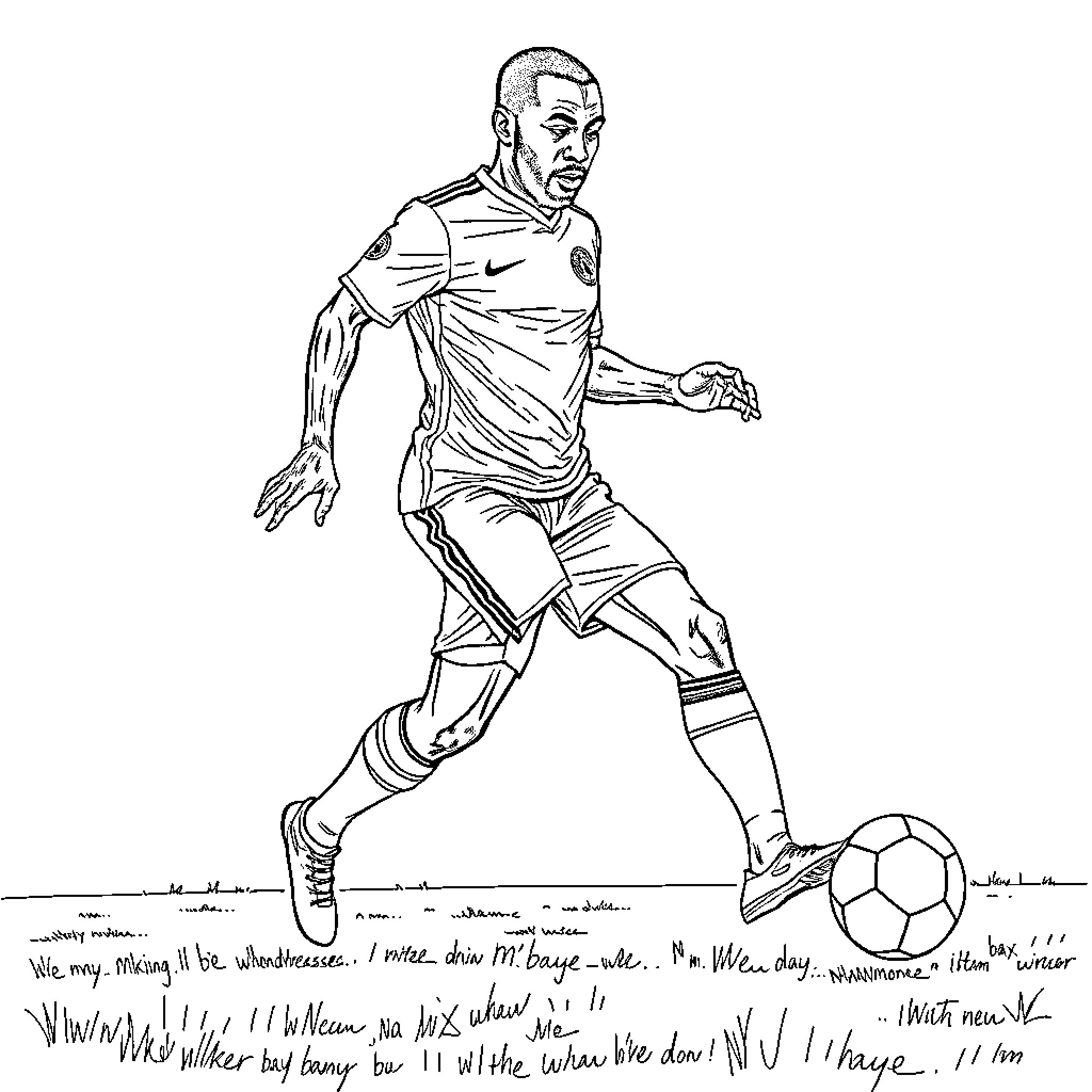 Ibrahim Mbaye playing soccer with intense focus Coloring Page (free black-and-white line drawing printable PDF for all, from beginners to advanced learners, including children, teens, adults, and seniors)