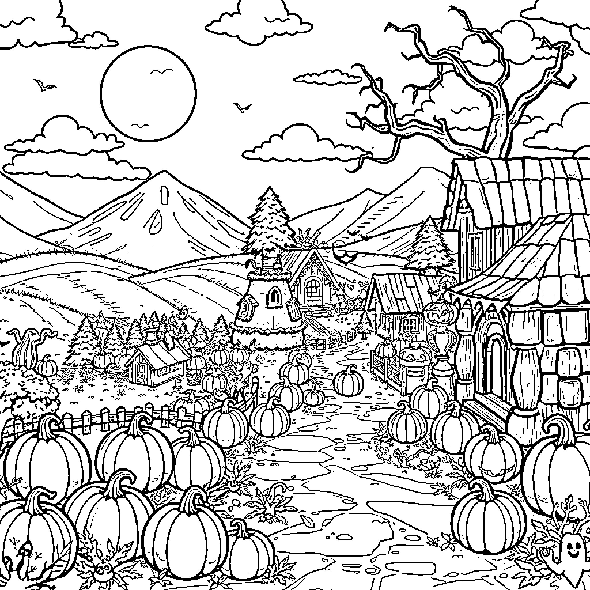 Halloween Village Scene with Pumpkins and Haunted House Coloring Page (free black-and-white line drawing printable PDF for all, from beginners to advanced learners, including children, teens, adults, and seniors)