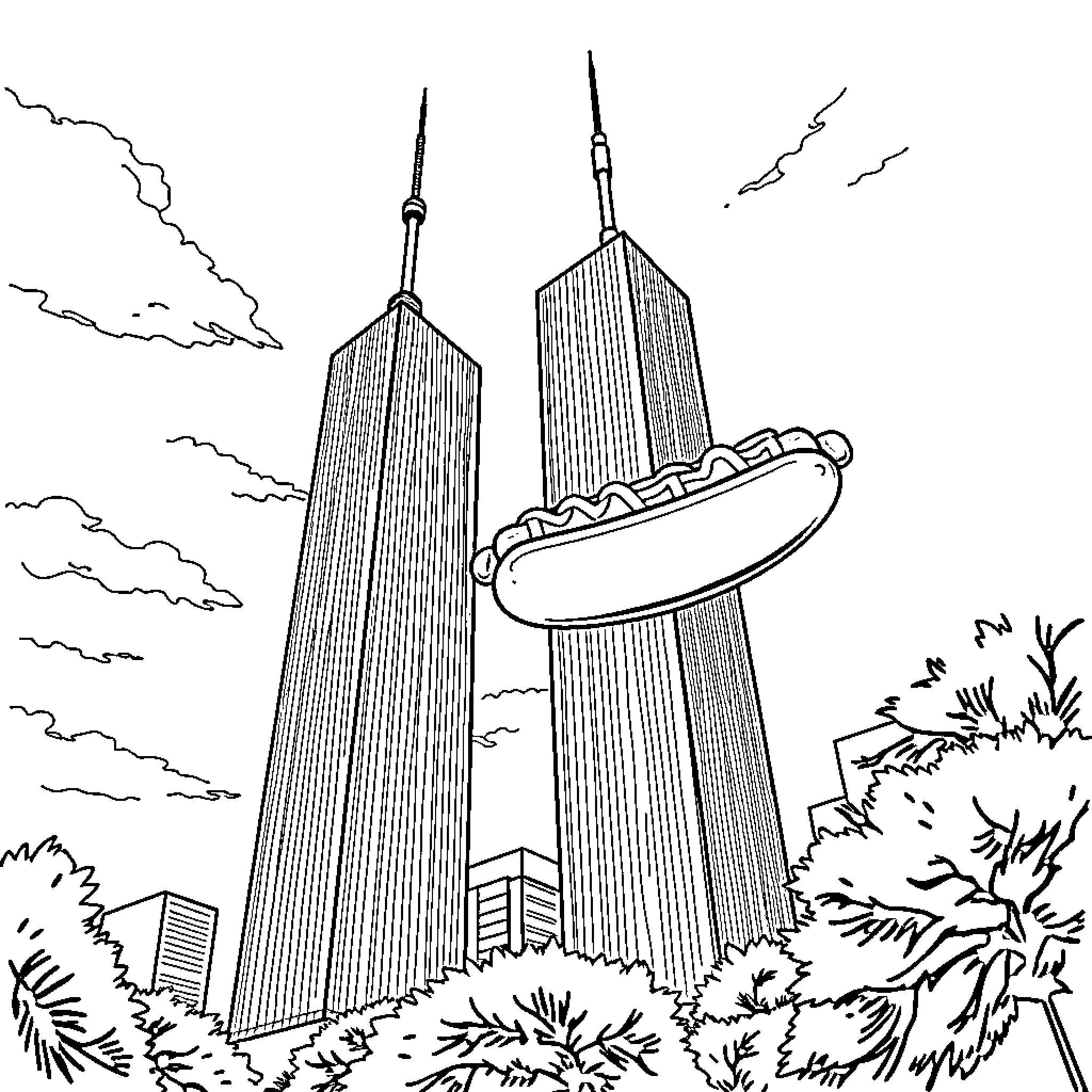 Twin Towers with Hot Dog Landmark and Cityscape Coloring Page (free black-and-white line drawing printable PDF for all, from beginners to advanced learners, including children, teens, adults, and seniors)