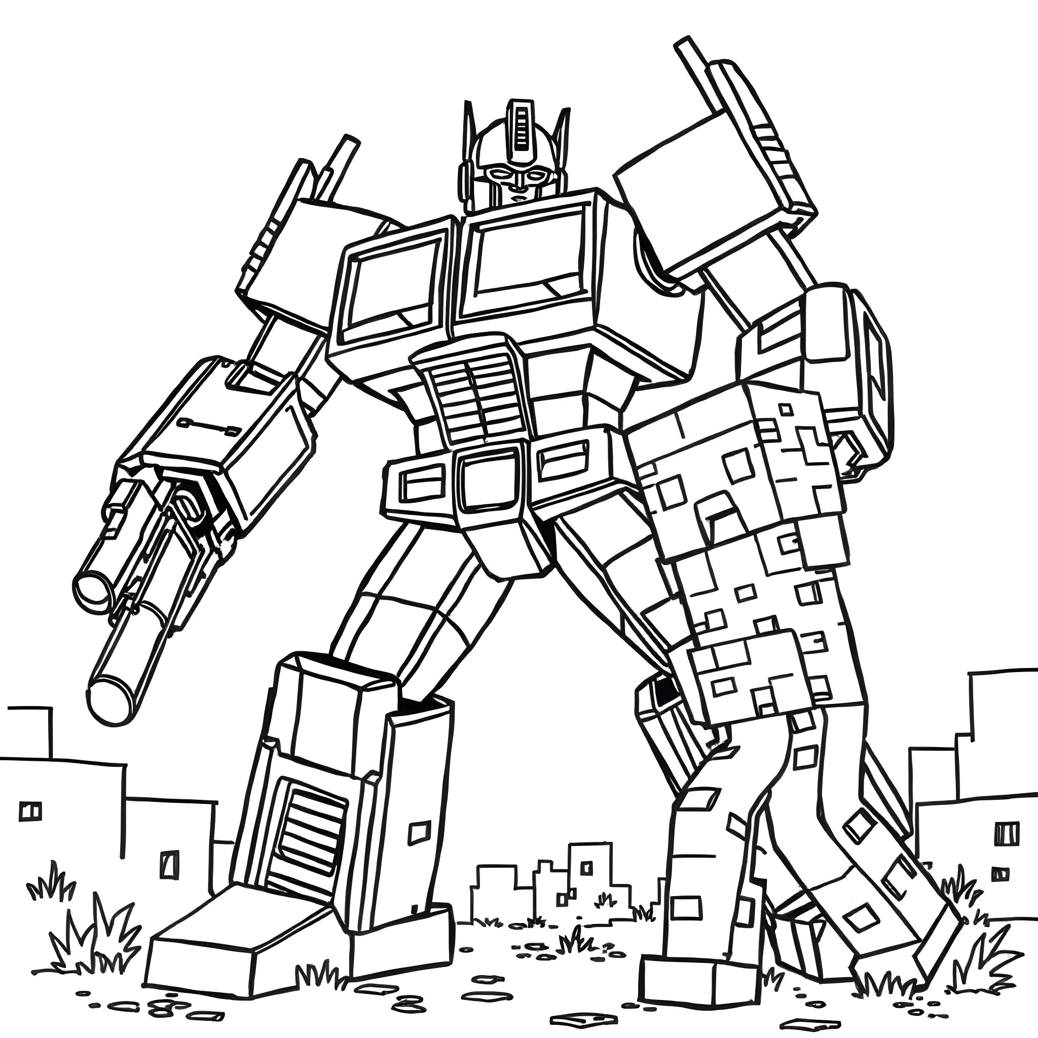 Optimus Prime battling in the city Coloring Page (free black-and-white line drawing printable PDF for all, from beginners to advanced learners, including children, teens, adults, and seniors)