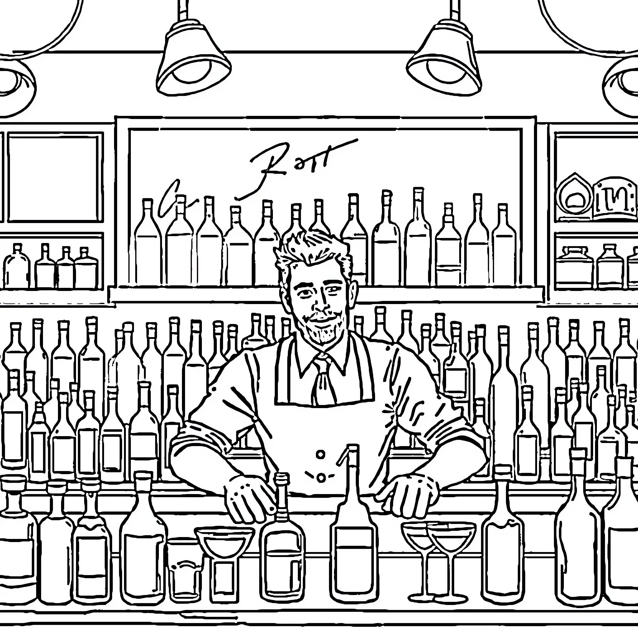 Barman serving drinks at the counter Coloring Page (free black-and-white line drawing printable PDF for all, from beginners to advanced learners, including children, teens, adults, and seniors)