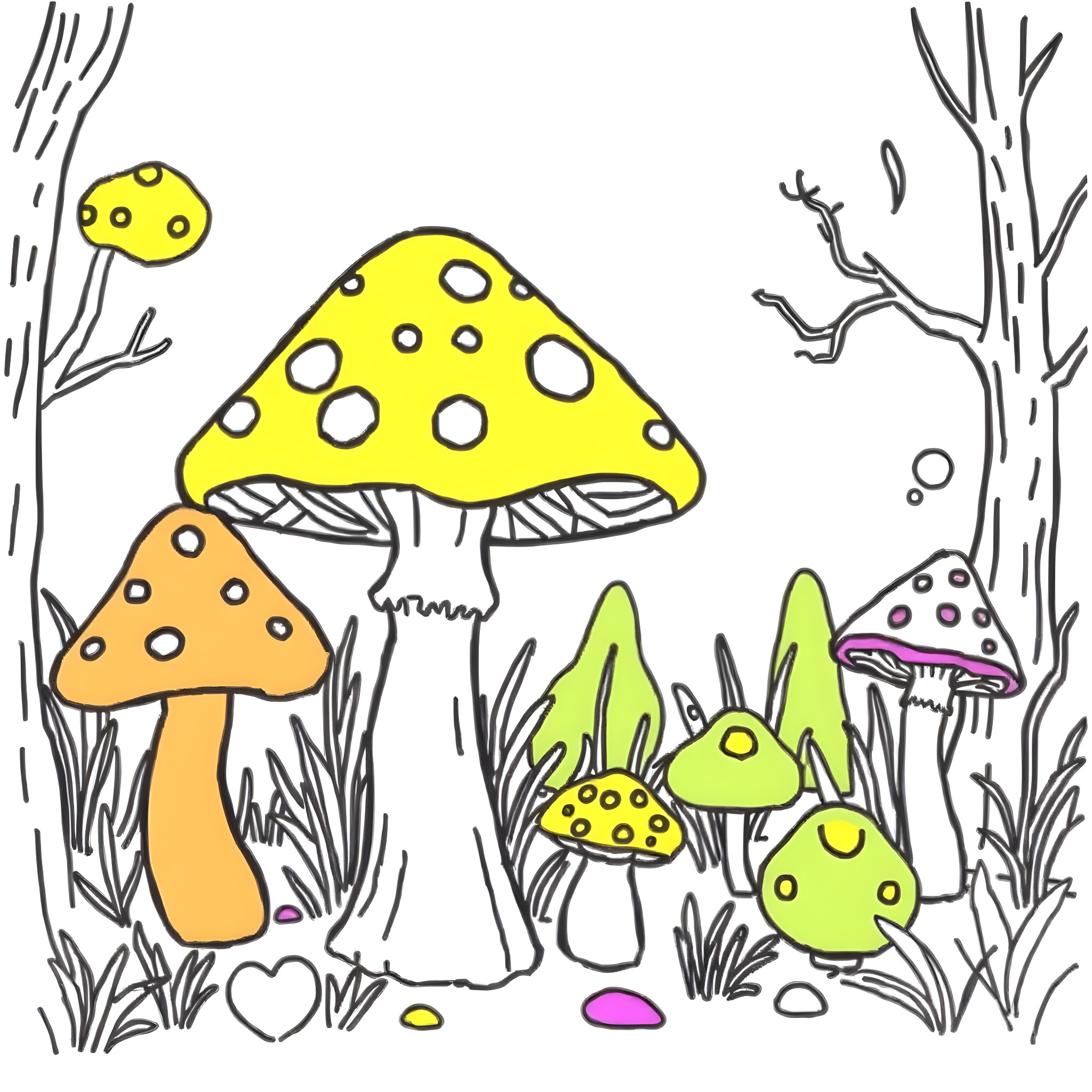 Mushroom creatures in a whimsical forest setting Coloring Page (free black-and-white line drawing printable PDF for all, from beginners to advanced learners, including children, teens, adults, and seniors)