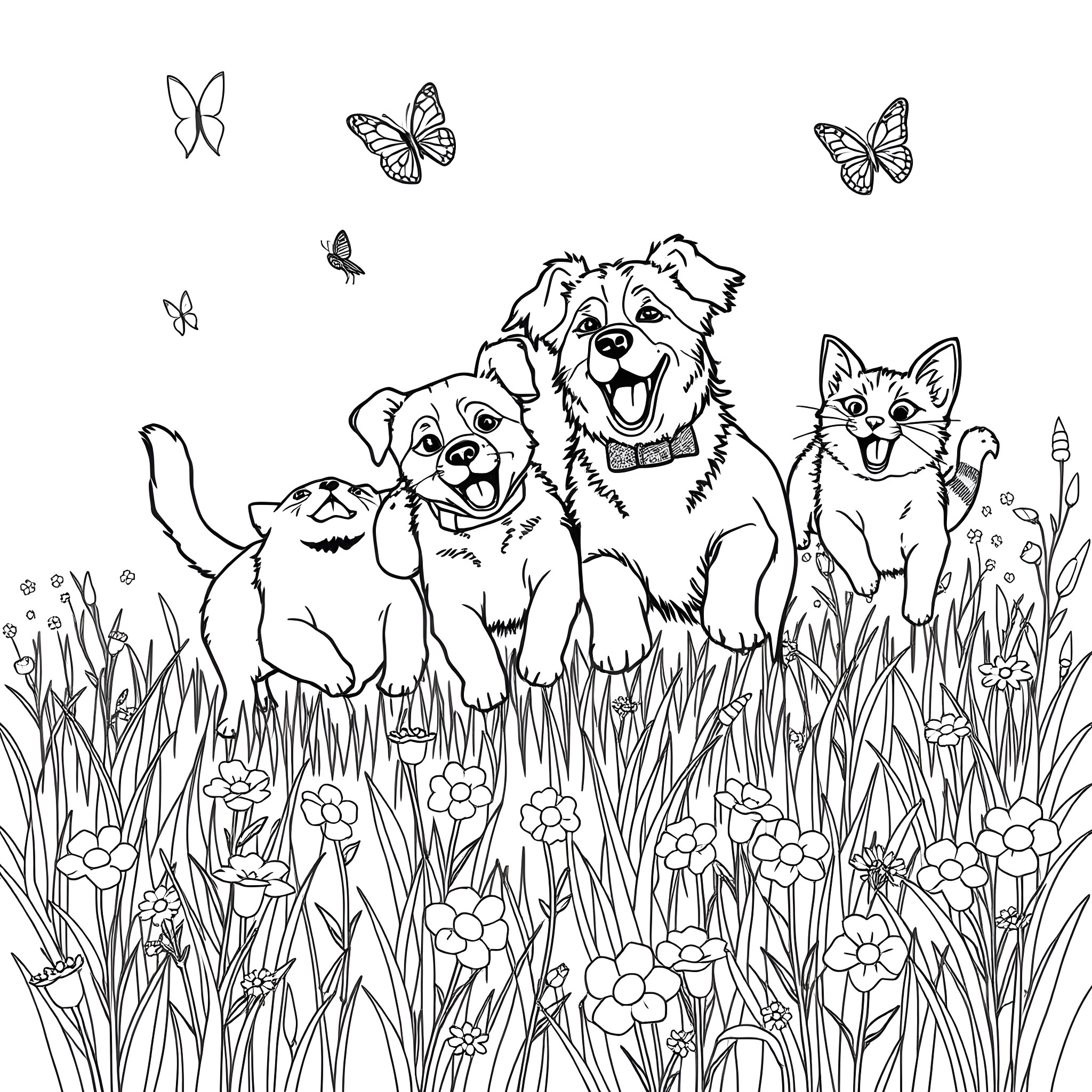 Dog and cat enjoying nature with butterflies Coloring Page (free black-and-white line drawing printable PDF for all, from beginners to advanced learners, including children, teens, adults, and seniors)