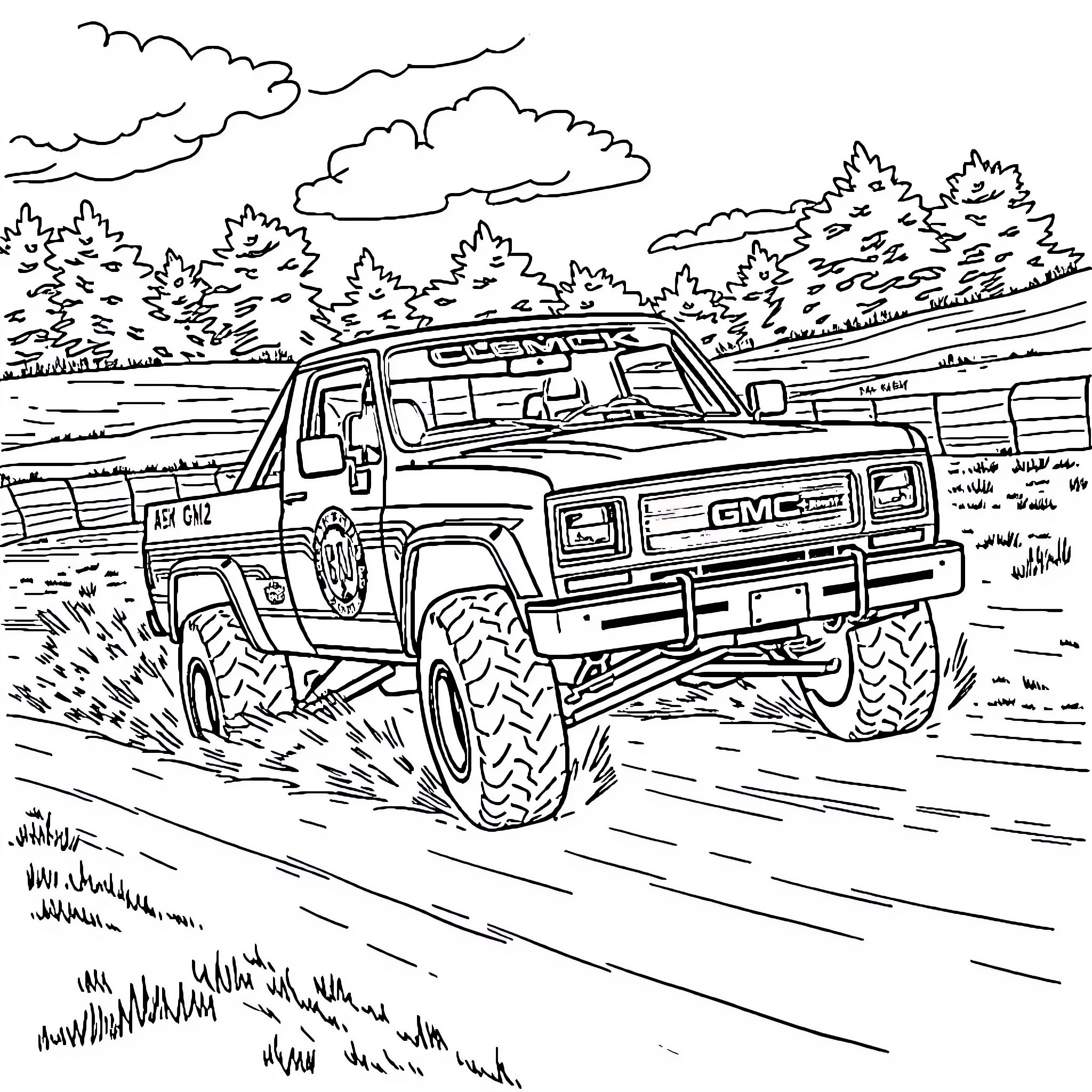 GMC Truck Navigating Off-Road Terrain Coloring Page (free black-and-white line drawing printable PDF for all, from beginners to advanced learners, including children, teens, adults, and seniors)