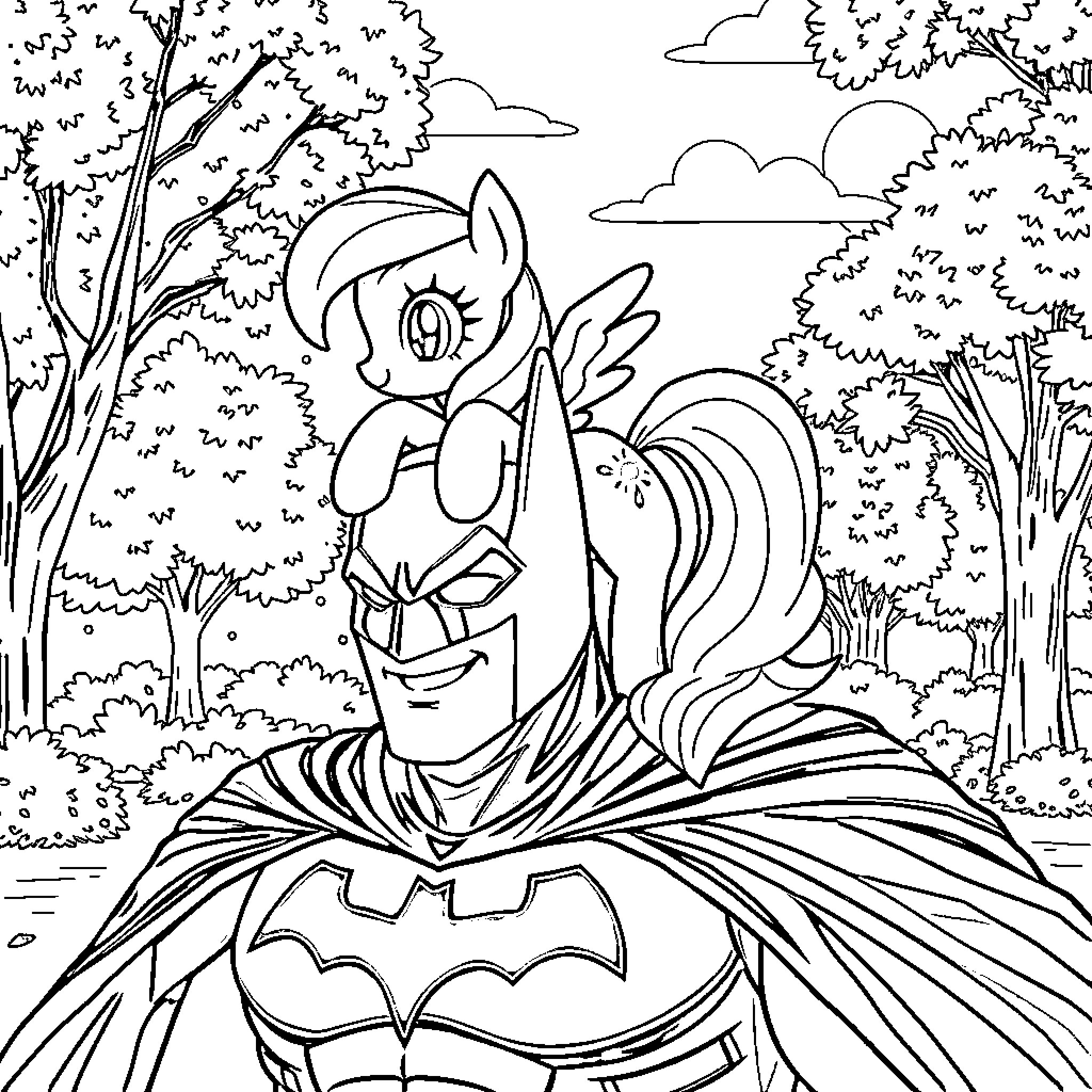 Fluttershy exploring the magical forest landscape Coloring Page (free black-and-white line drawing printable PDF for all, from beginners to advanced learners, including children, teens, adults, and seniors)