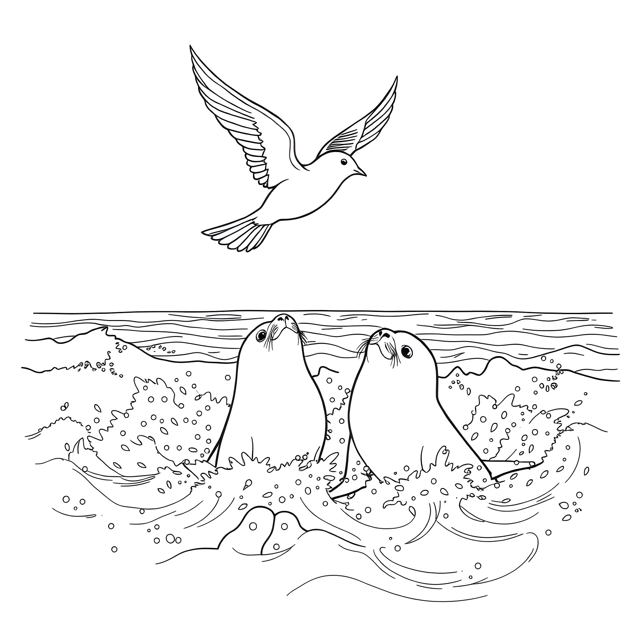 Bird soaring over coastal scene with seals Coloring Page (free black-and-white line drawing printable PDF for all, from beginners to advanced learners, including children, teens, adults, and seniors)