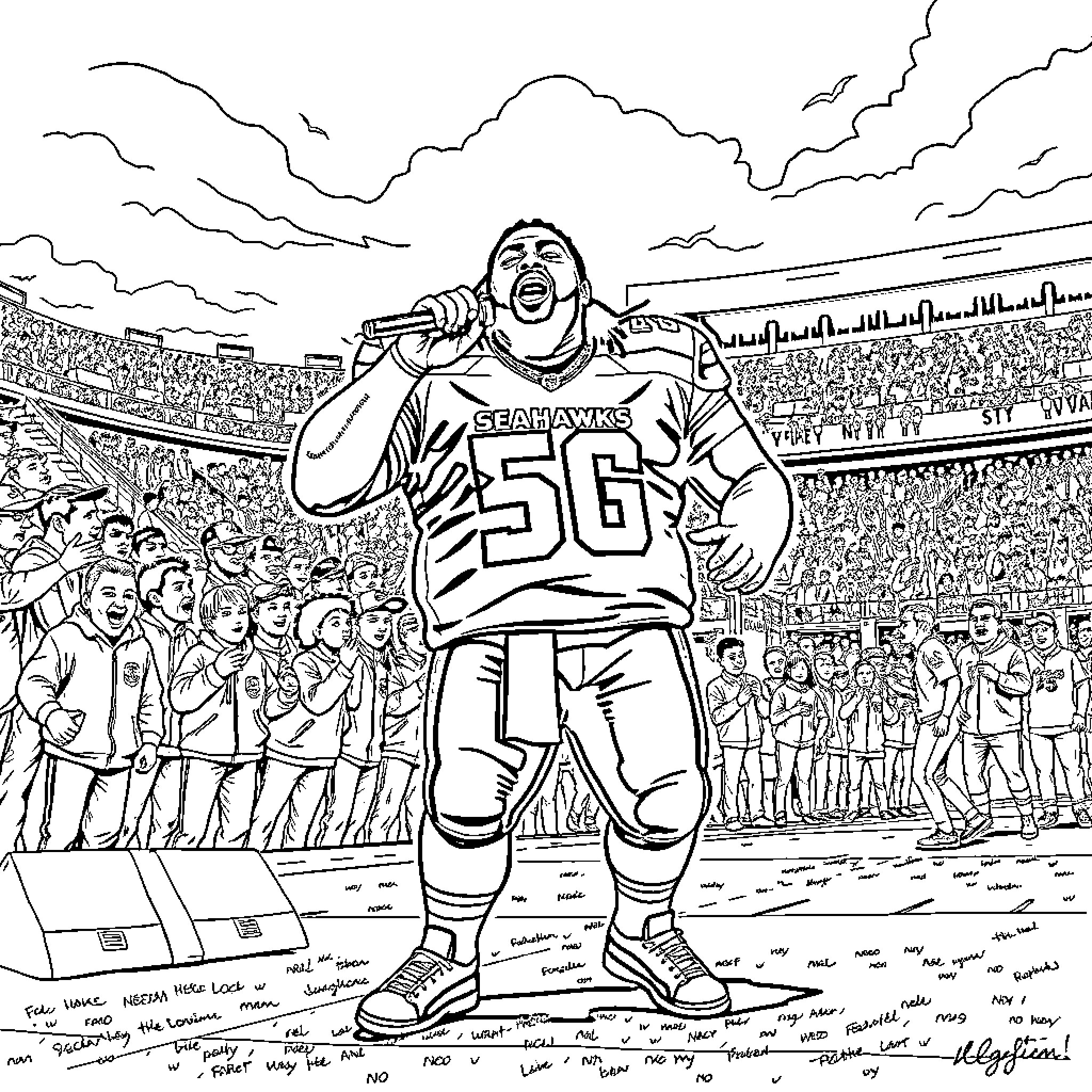 Notorious BIG Dominates the Football Field Coloring Page (free black-and-white line drawing printable PDF for all, from beginners to advanced learners, including children, teens, adults, and seniors)