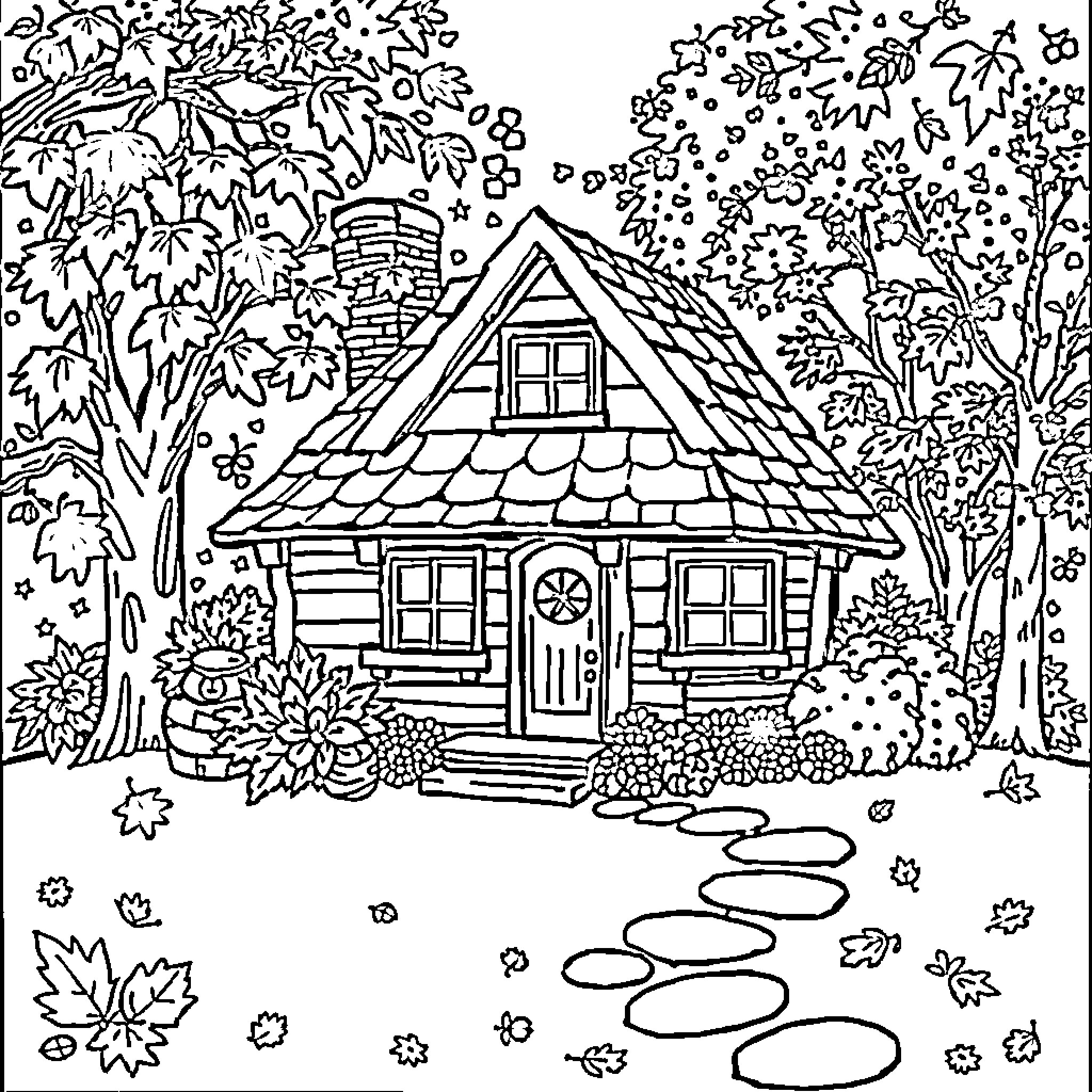 Cottage in the Autumn Foliage Coloring Page (free black-and-white line drawing printable PDF for all, from beginners to advanced learners, including children, teens, adults, and seniors)