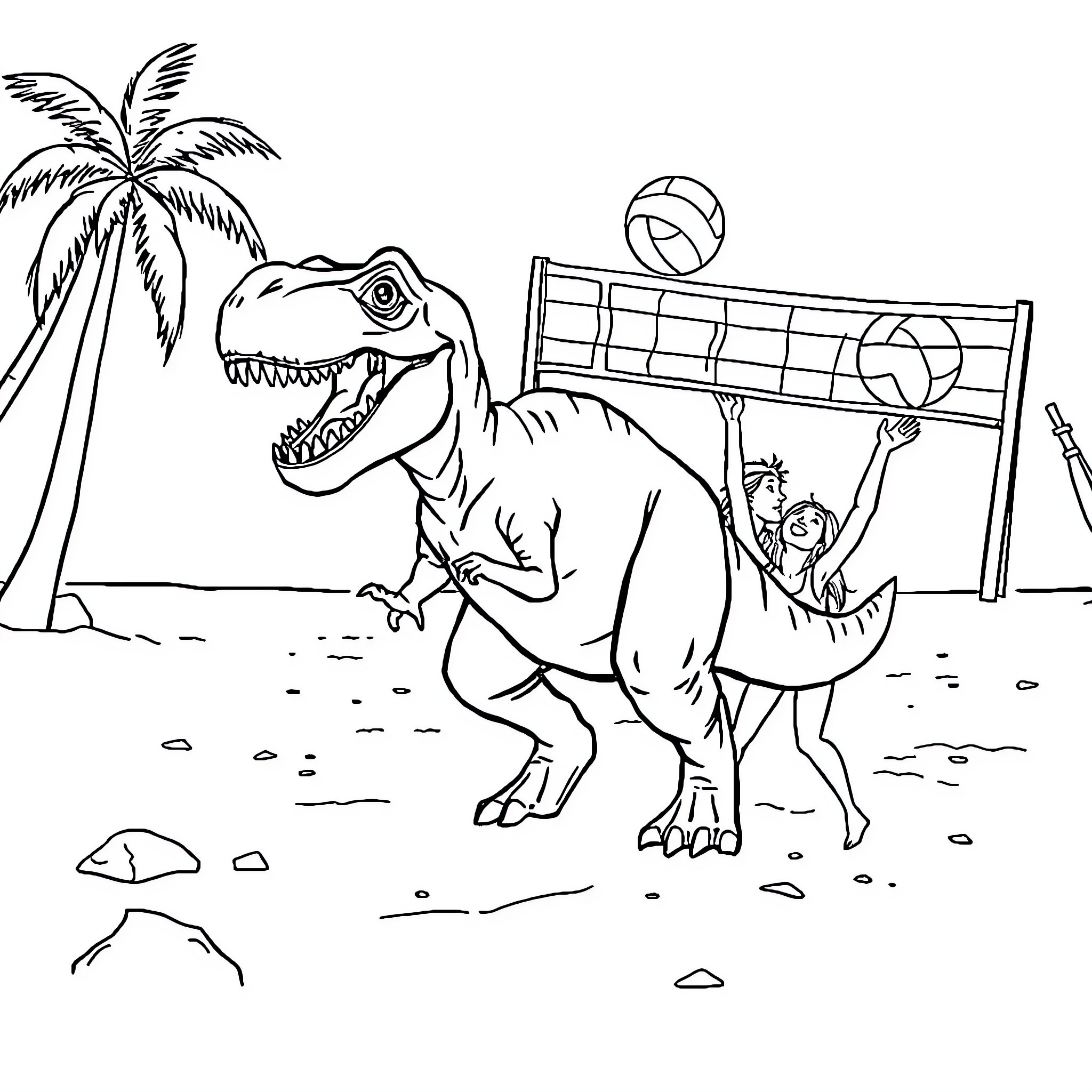 T-Rex playing volleyball with a person on a beach Coloring Page (free black-and-white line drawing printable PDF for all, from beginners to advanced learners, including children, teens, adults, and seniors)