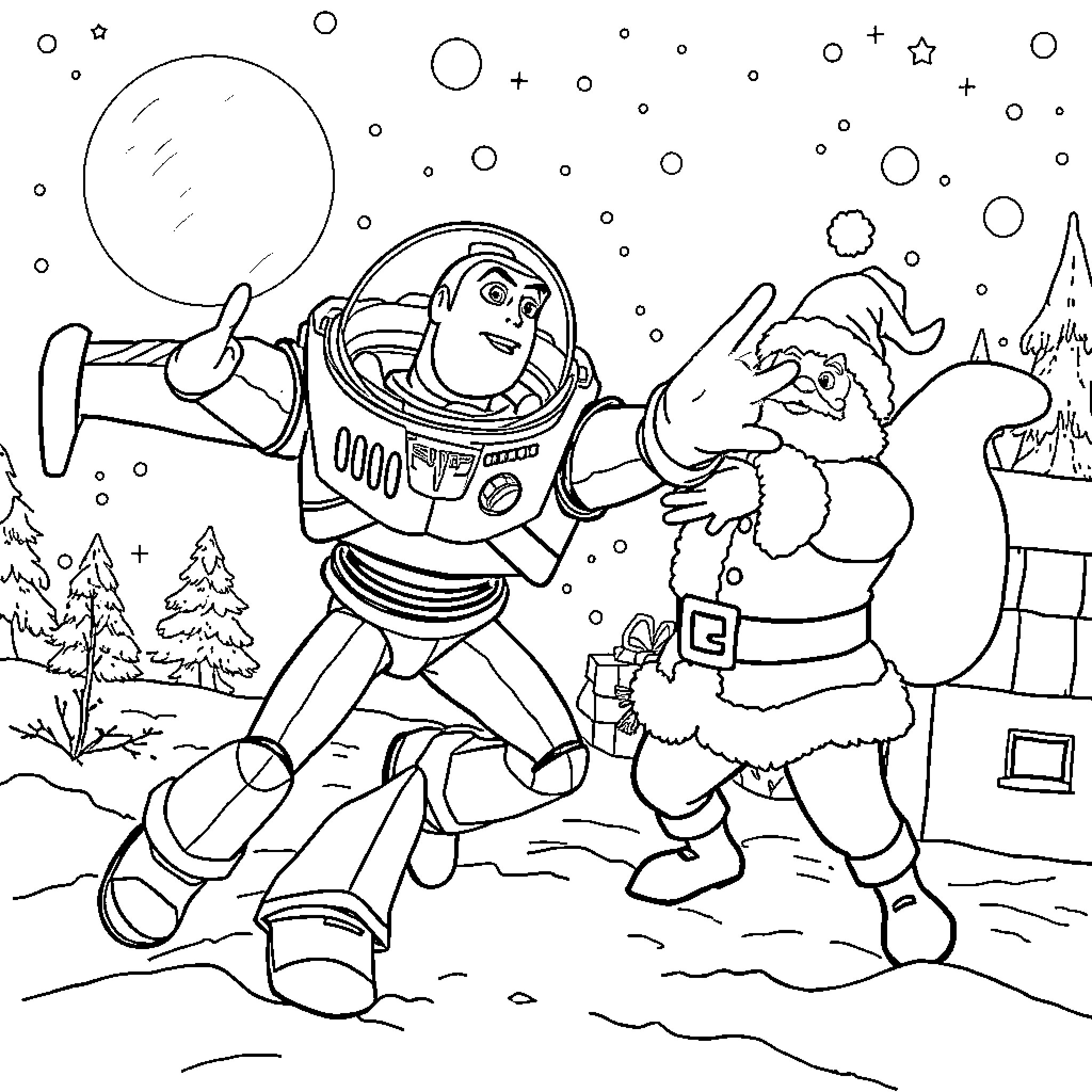Buzz Lightyear and Santa Claus in the Snow Coloring Page (free black-and-white line drawing printable PDF for all, from beginners to advanced learners, including children, teens, adults, and seniors)