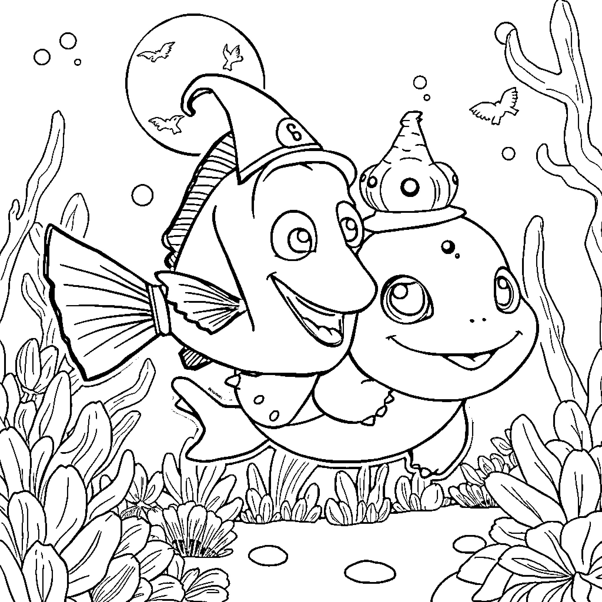 Nemo and Marlin swimming in the ocean Coloring Page (free black-and-white line drawing printable PDF for all, from beginners to advanced learners, including children, teens, adults, and seniors)