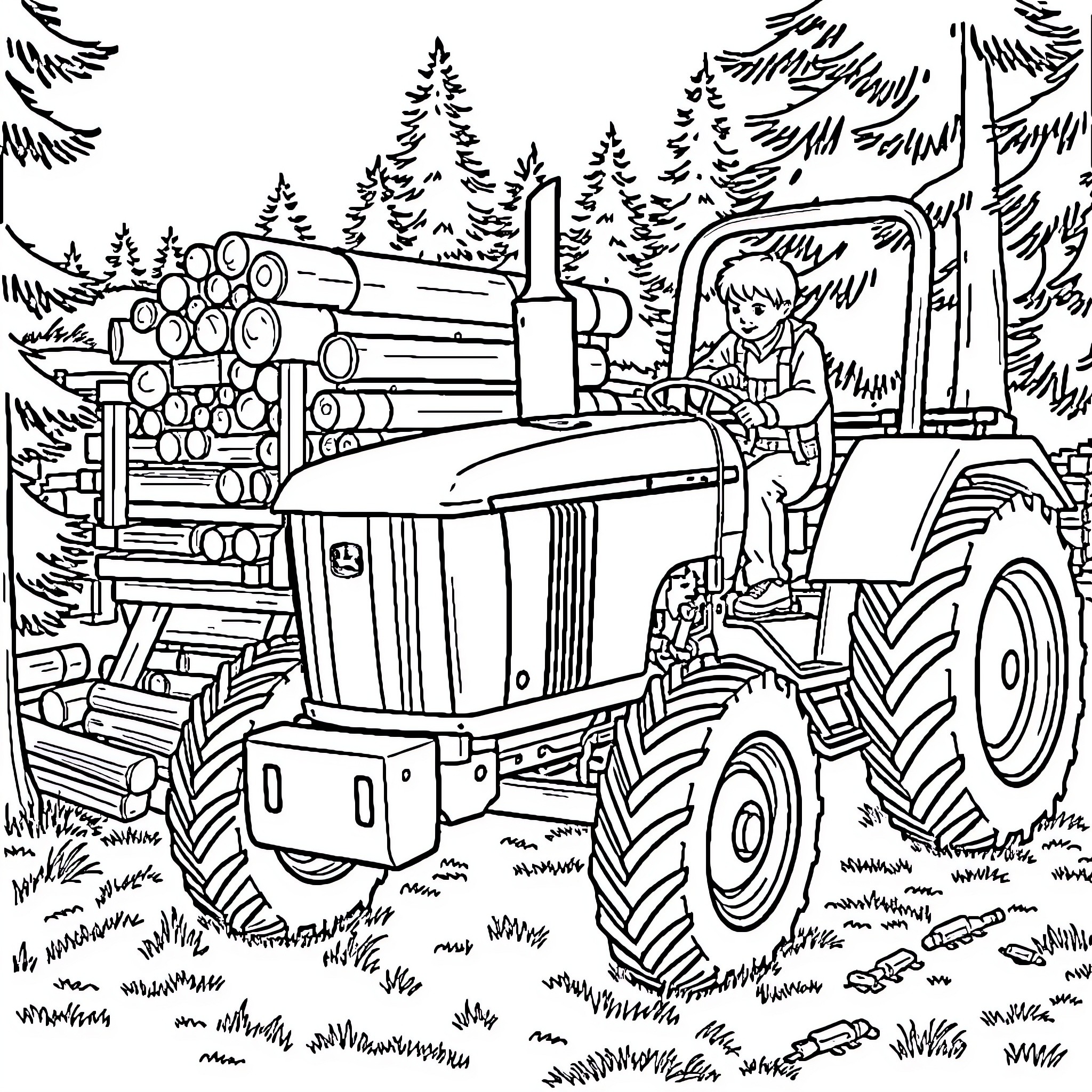 John Deere tractor in the forest with logs Coloring Page (free black-and-white line drawing printable PDF for all, from beginners to advanced learners, including children, teens, adults, and seniors)