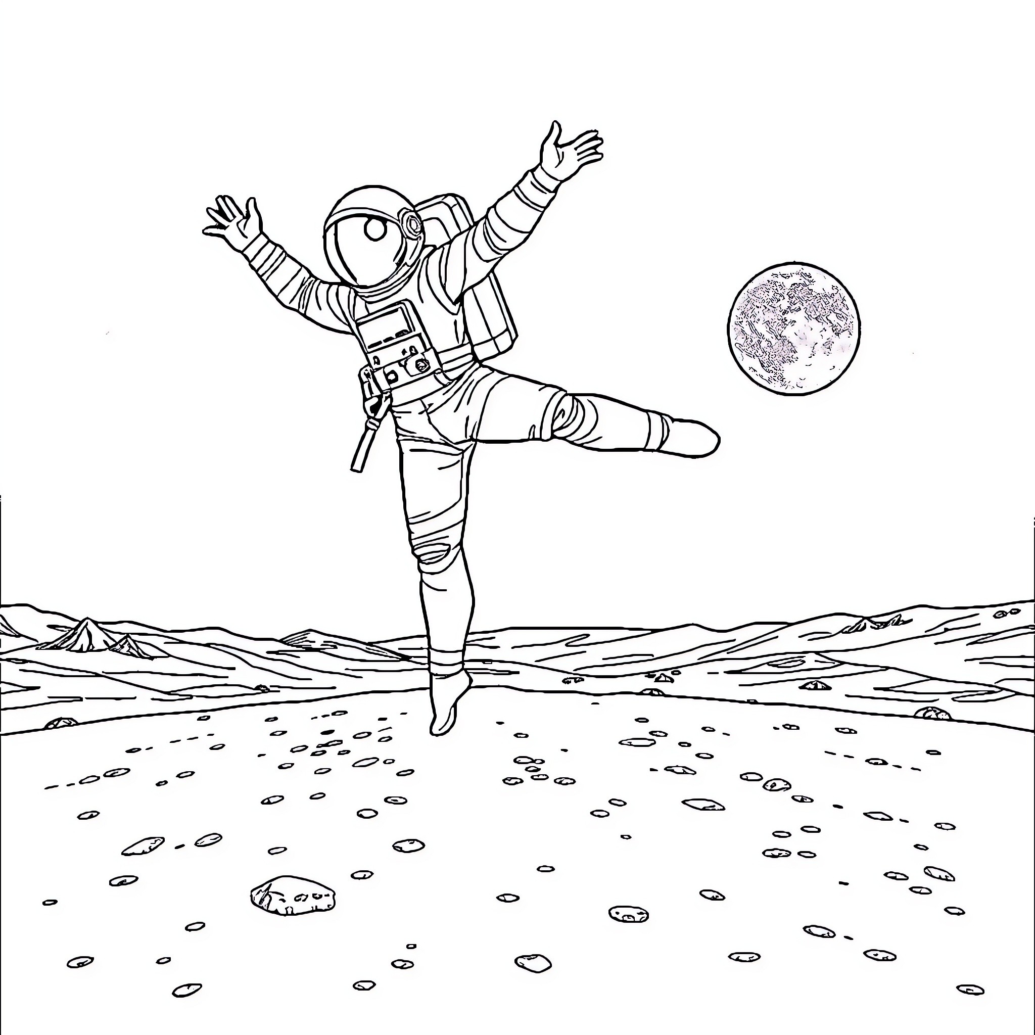 Astronaut floating joyfully on the moon Coloring Page (free black-and-white line drawing printable PDF for all, from beginners to advanced learners, including children, teens, adults, and seniors)