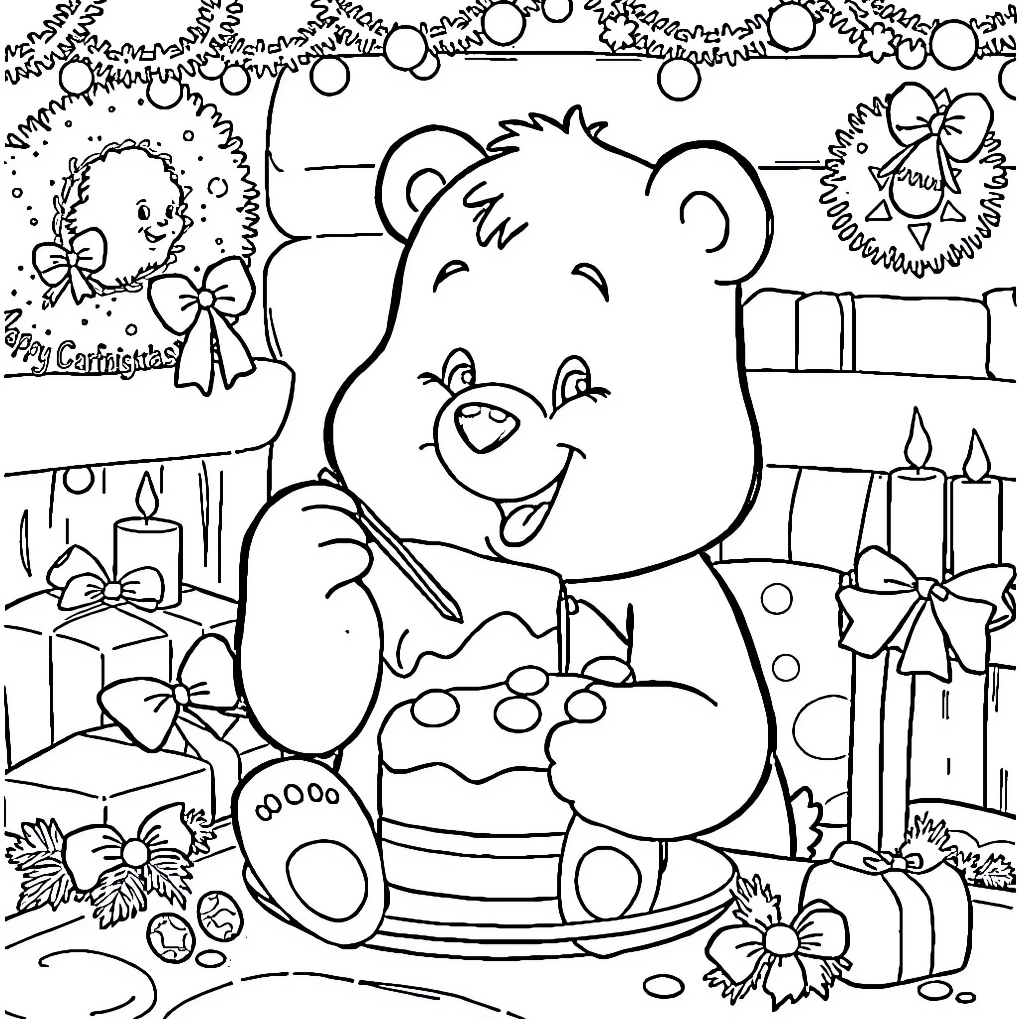 Care Bear celebrating with presents and decorations Coloring Page (free black-and-white line drawing printable PDF for all, from beginners to advanced learners, including children, teens, adults, and seniors)