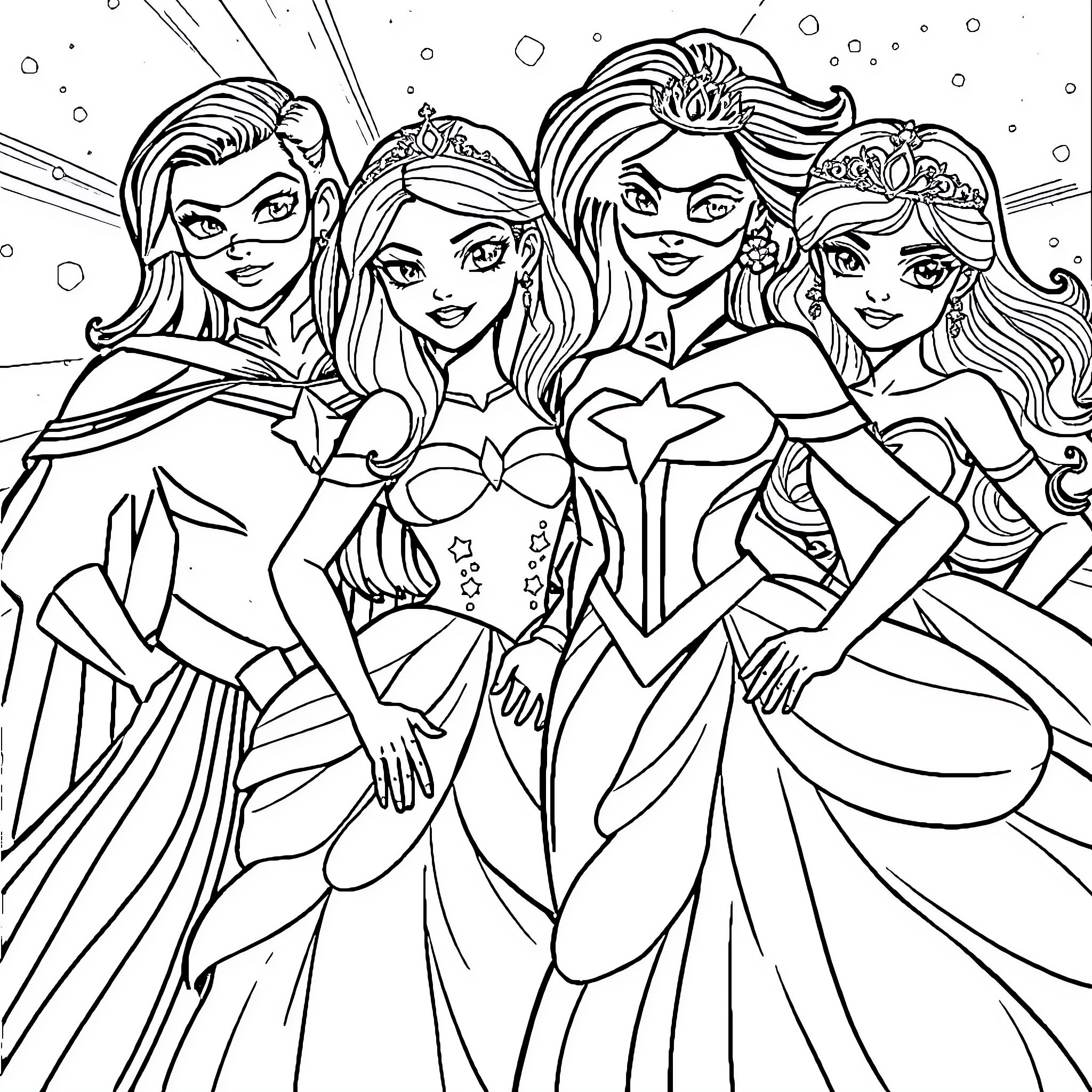Superhero Princesses in Elegant Gowns Coloring Page (free black-and-white line drawing printable PDF for all, from beginners to advanced learners, including children, teens, adults, and seniors)
