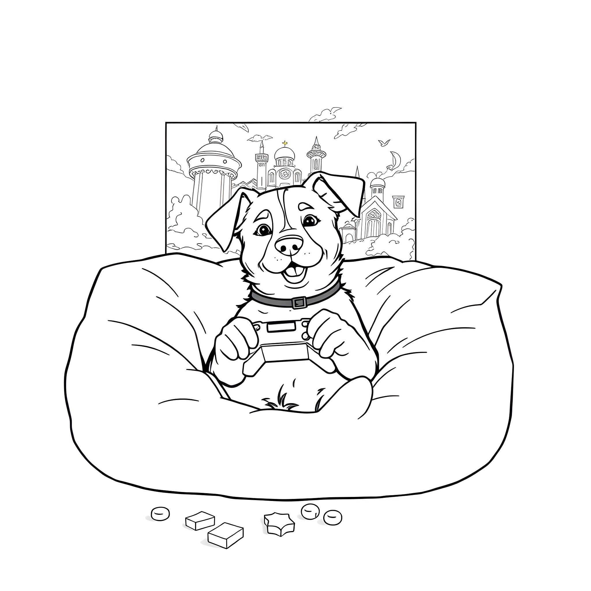 Dog relaxing comfortably on a beanbag chair Coloring Page (free black-and-white line drawing printable PDF for all, from beginners to advanced learners, including children, teens, adults, and seniors)