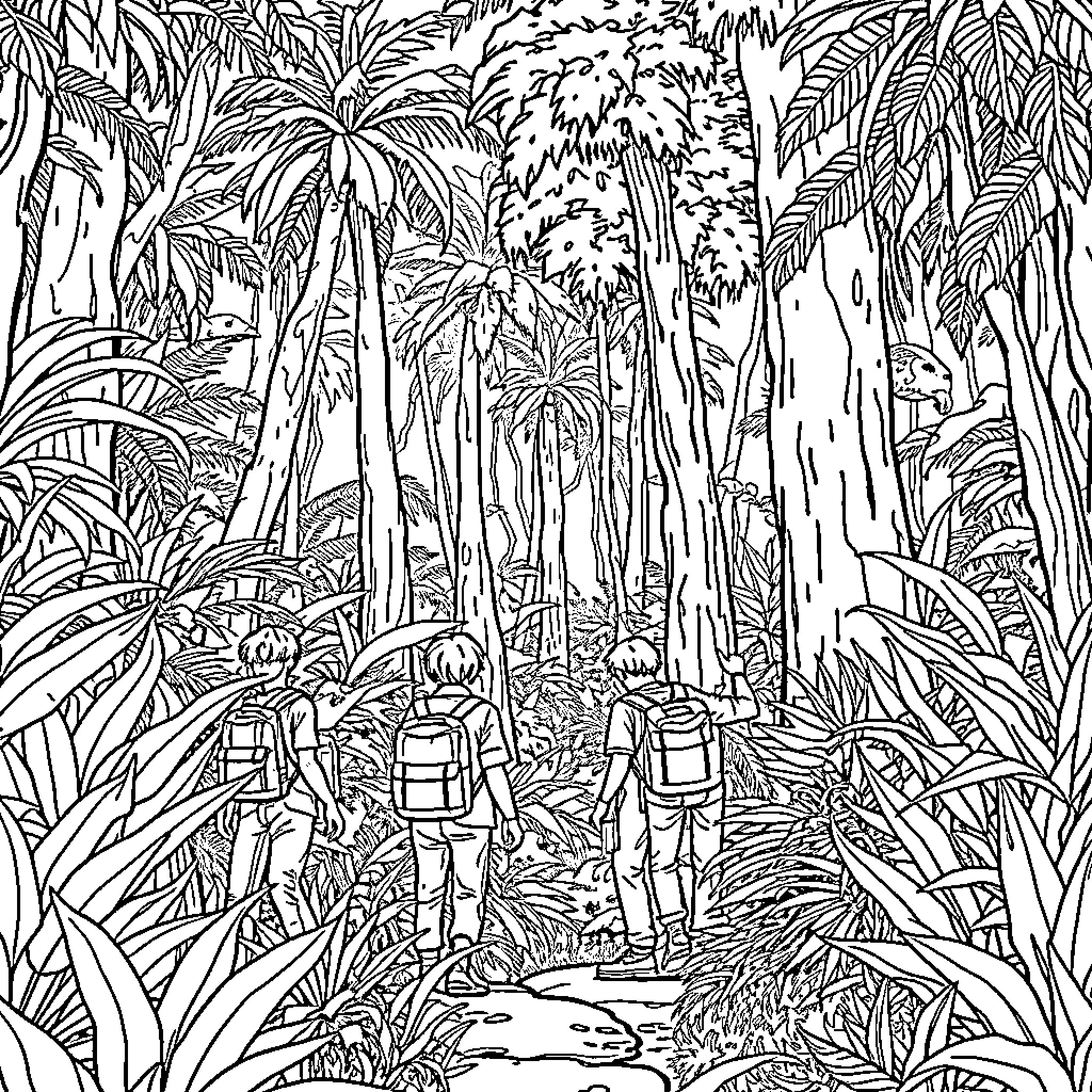 BTS Explorers in the Lush Jungle Wilderness Coloring Page (free black-and-white line drawing printable PDF for all, from beginners to advanced learners, including children, teens, adults, and seniors)